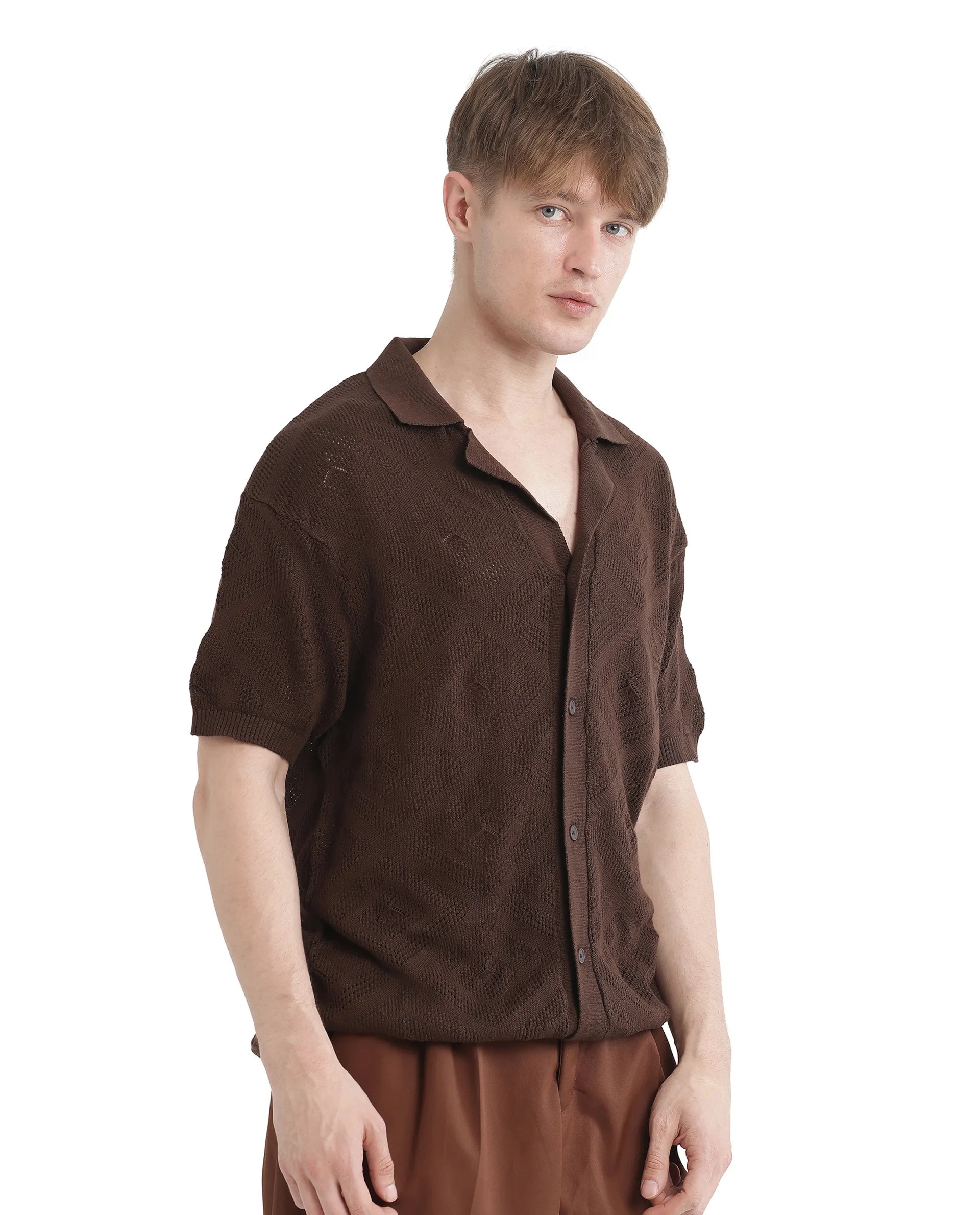 Rare Rabbit Men Wats Brown Cotton Fabric Short Sleeve Cuban Collared Button Closure Knitted Plain Shirt