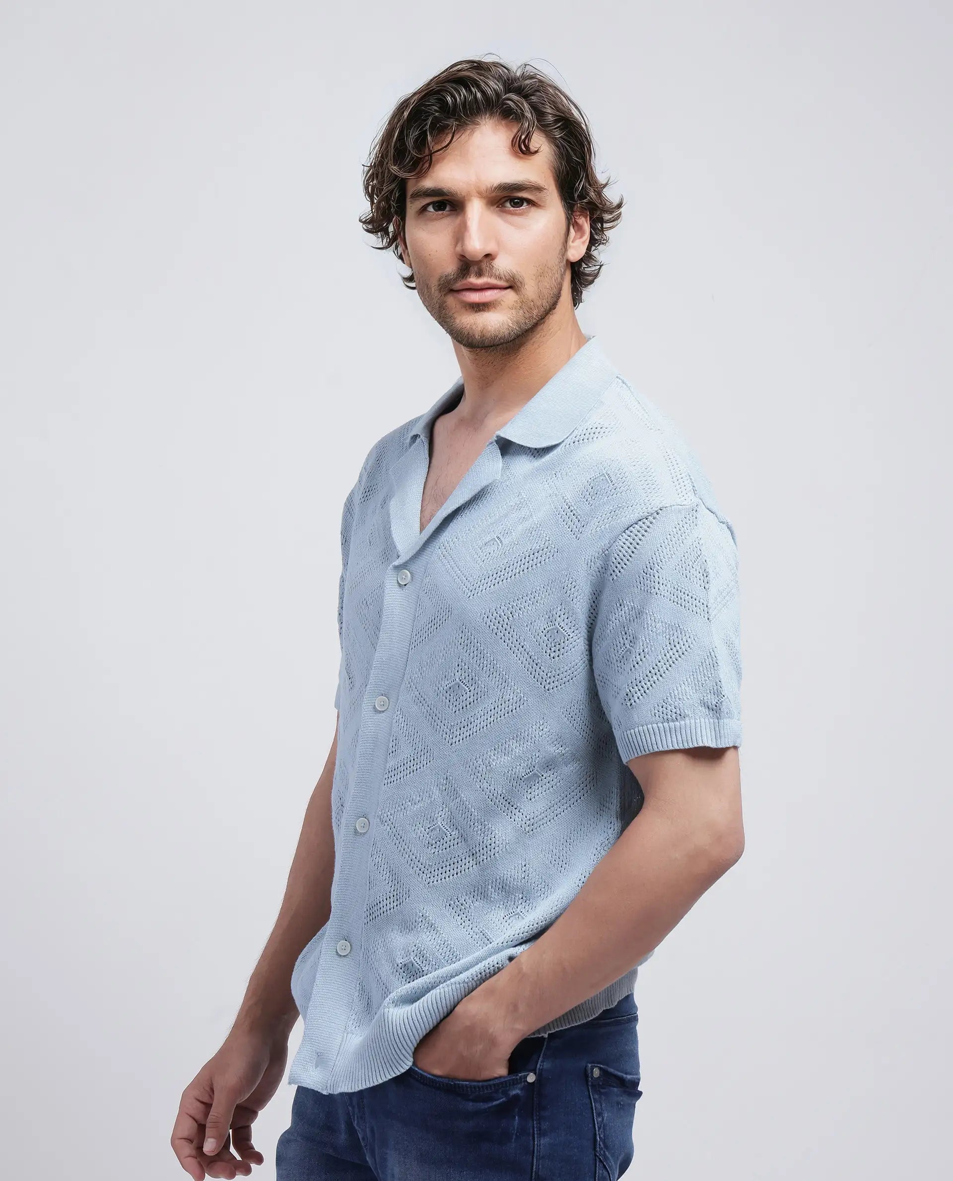 Rare Rabbit Men Wats Dusky Blue Cotton Fabric Short Sleeve Cuban Collared Button Closure Knitted Plain Shirt