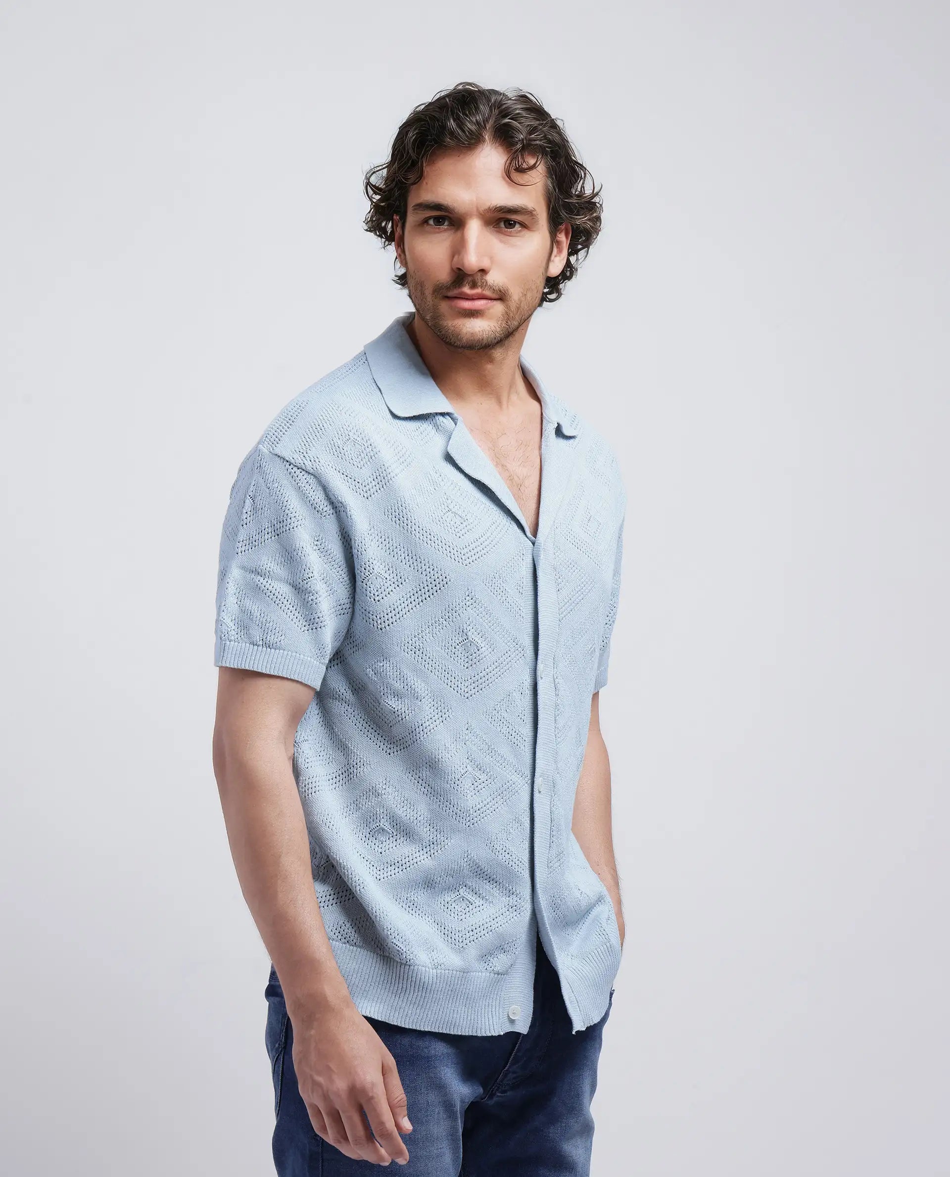 Rare Rabbit Men Wats Dusky Blue Cotton Fabric Short Sleeve Cuban Collared Button Closure Knitted Plain Shirt