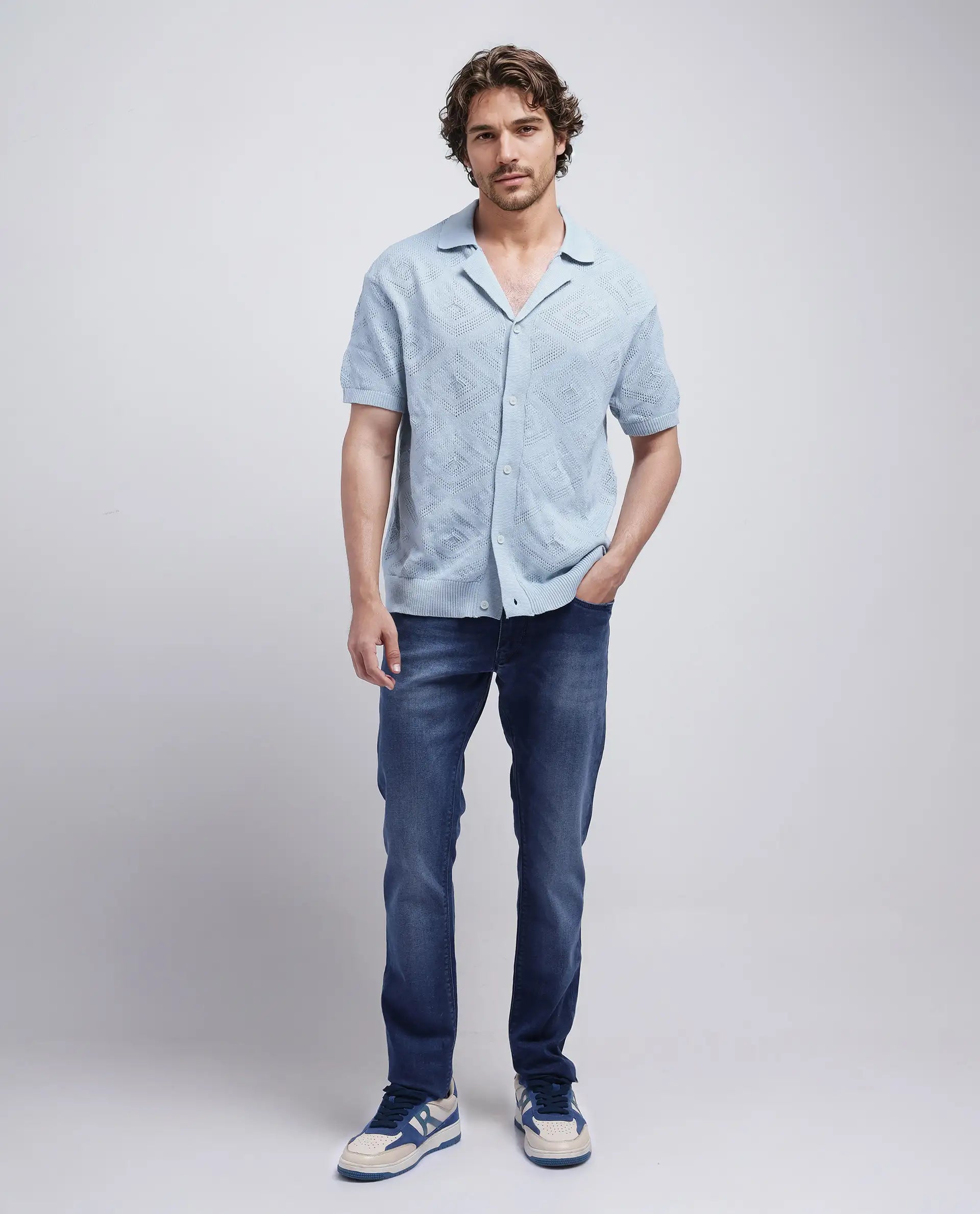 Rare Rabbit Men Wats Dusky Blue Cotton Fabric Short Sleeve Cuban Collared Button Closure Knitted Plain Shirt