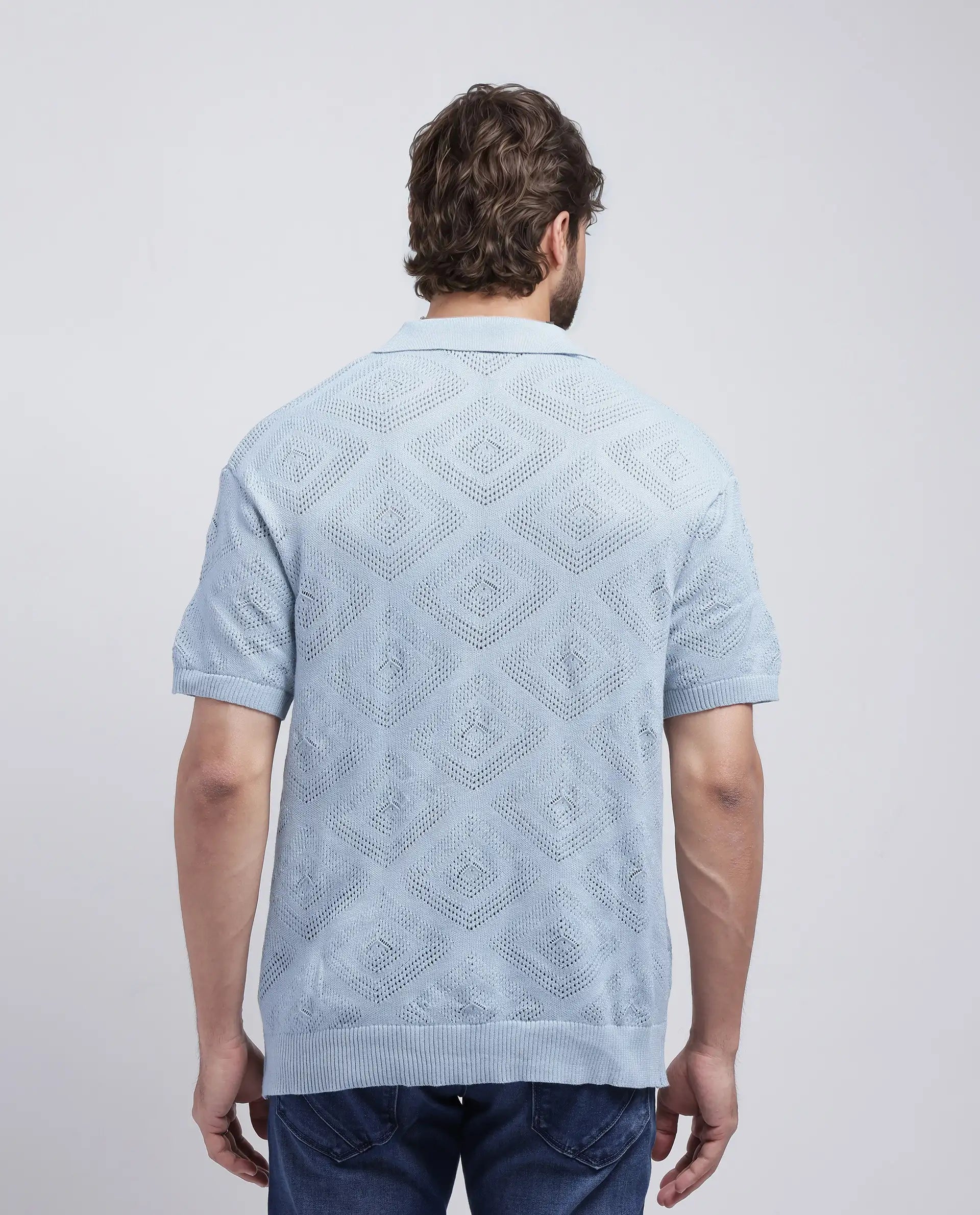 Rare Rabbit Men Wats Dusky Blue Cotton Fabric Short Sleeve Cuban Collared Button Closure Knitted Plain Shirt