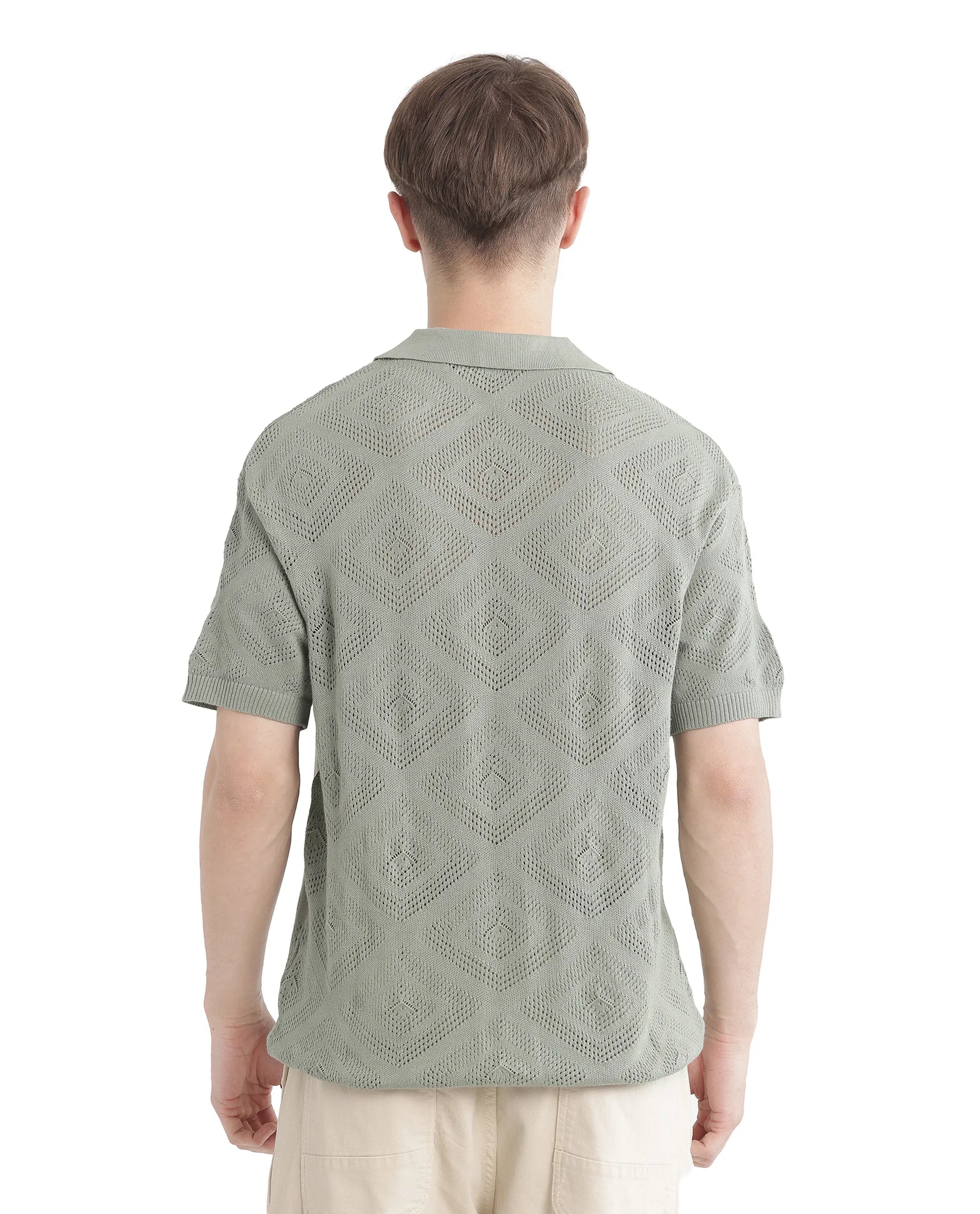 Rare Rabbit Men Wats Dusky Green Cotton Fabric Short Sleeve Cuban Collared Button Closure Knitted Plain Shirt