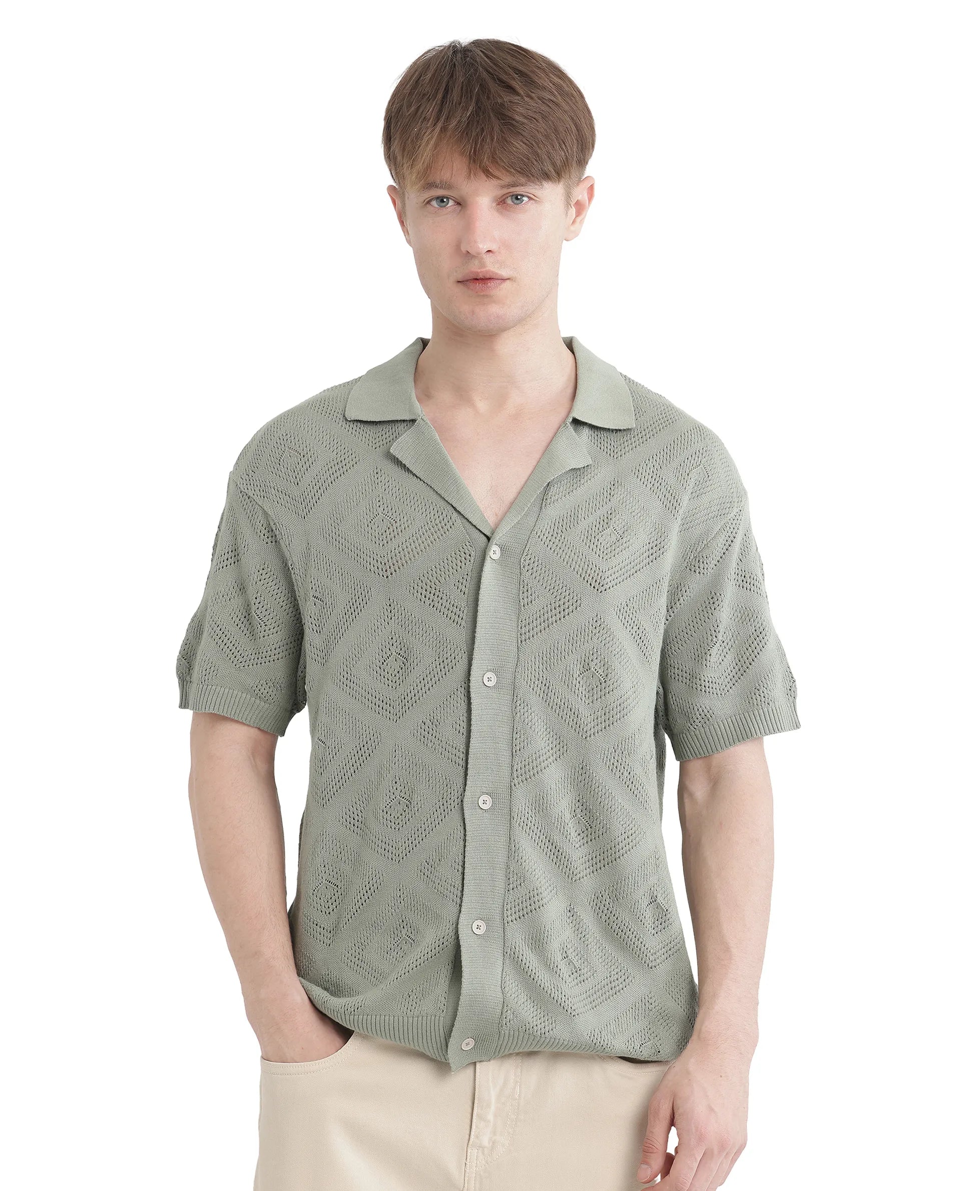 Rare Rabbit Men Wats Dusky Green Cotton Fabric Short Sleeve Cuban Collared Button Closure Knitted Plain Shirt