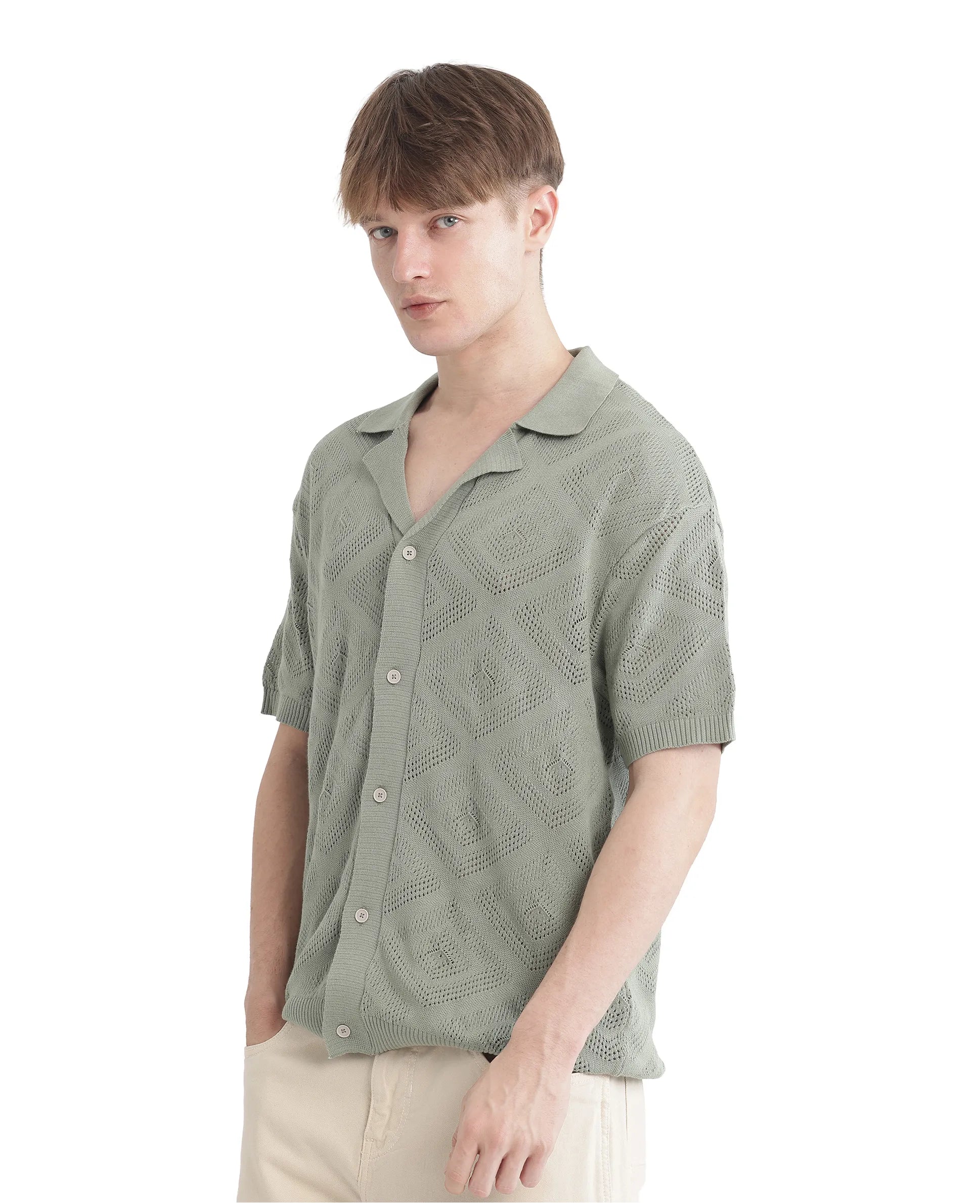 Rare Rabbit Men Wats Dusky Green Cotton Fabric Short Sleeve Cuban Collared Button Closure Knitted Plain Shirt
