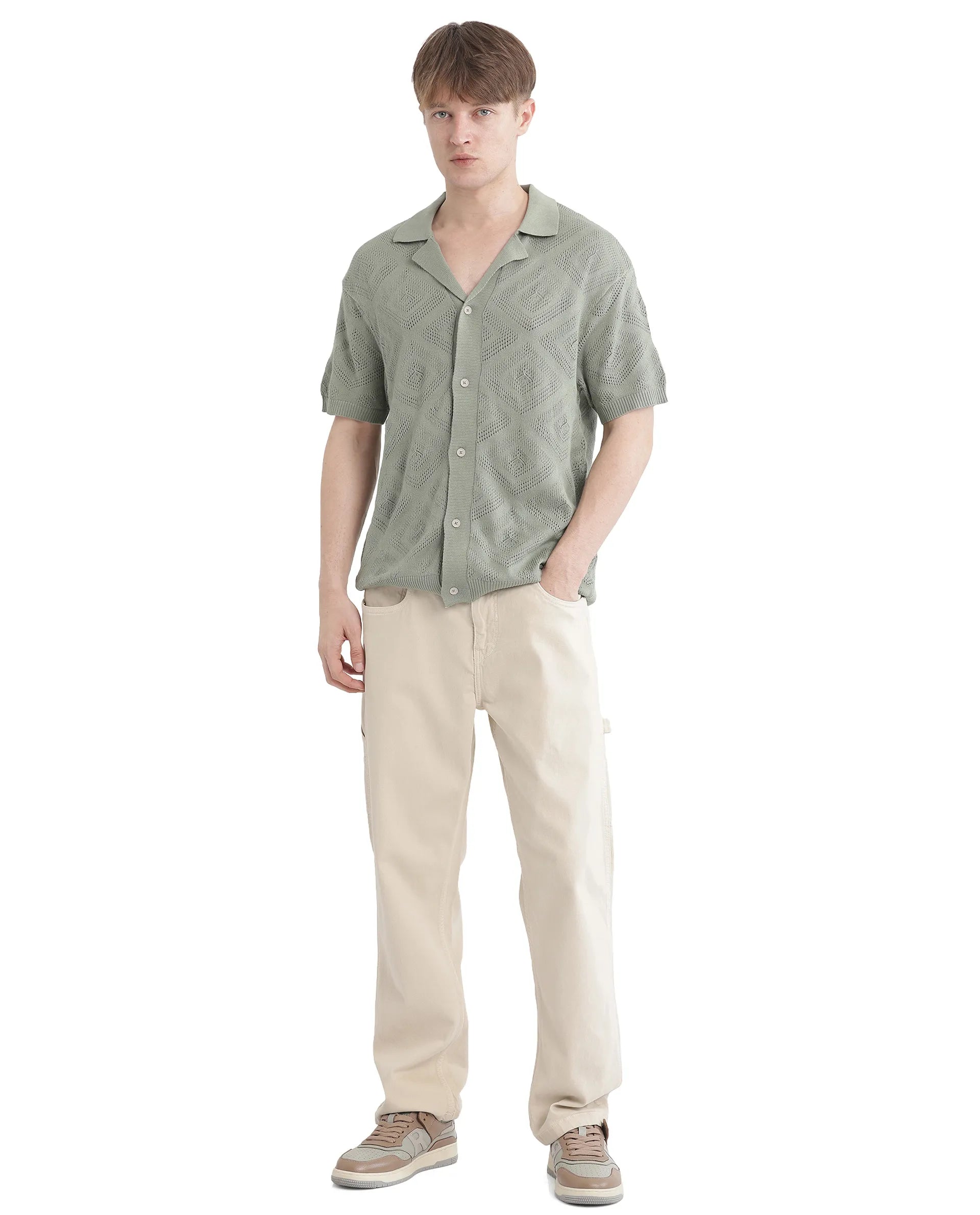 Rare Rabbit Men Wats Dusky Green Cotton Fabric Short Sleeve Cuban Collared Button Closure Knitted Plain Shirt