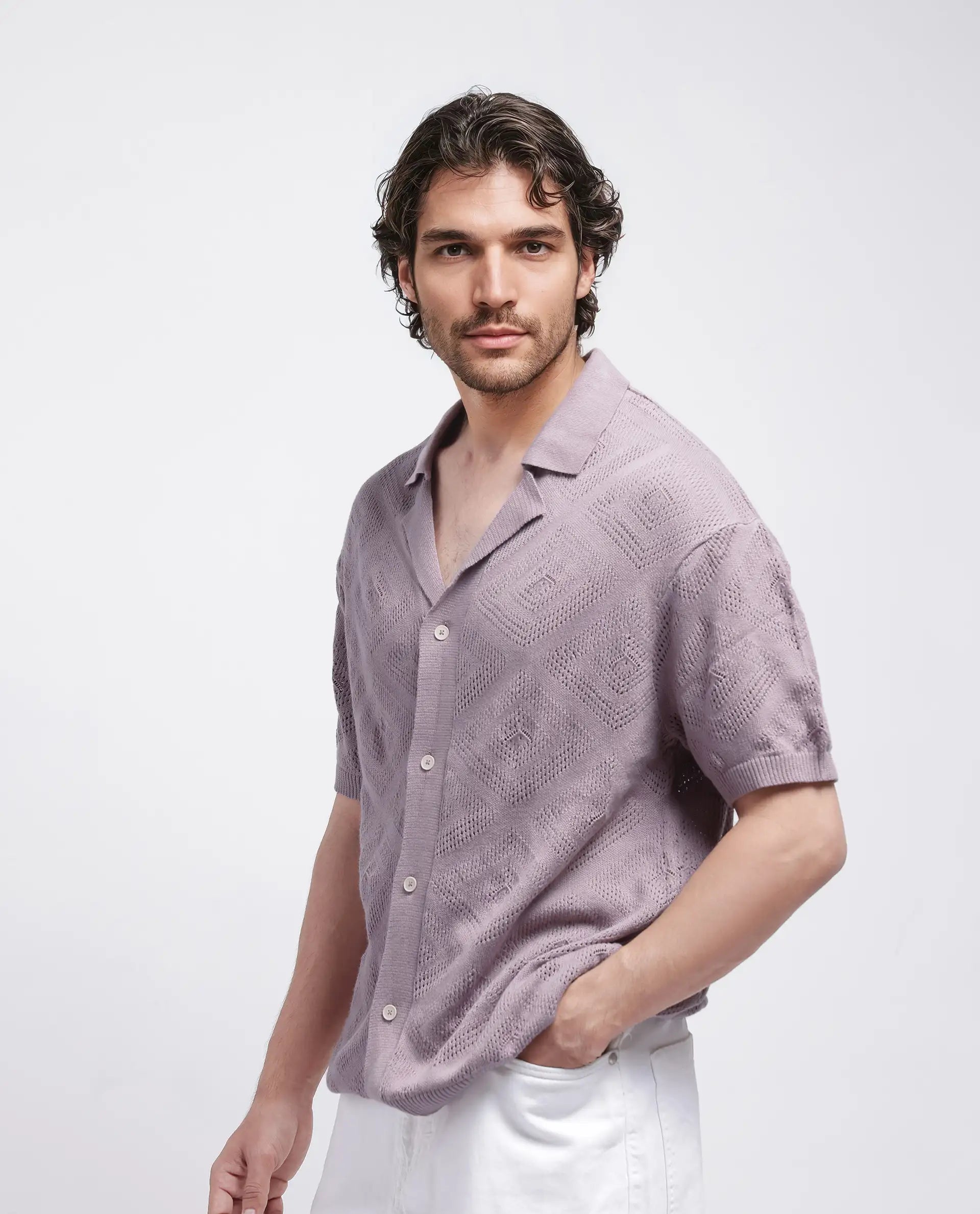 Rare Rabbit Men Wats Dusky Pink Cotton Fabric Short Sleeve Cuban Collared Button Closure Knitted Plain Shirt