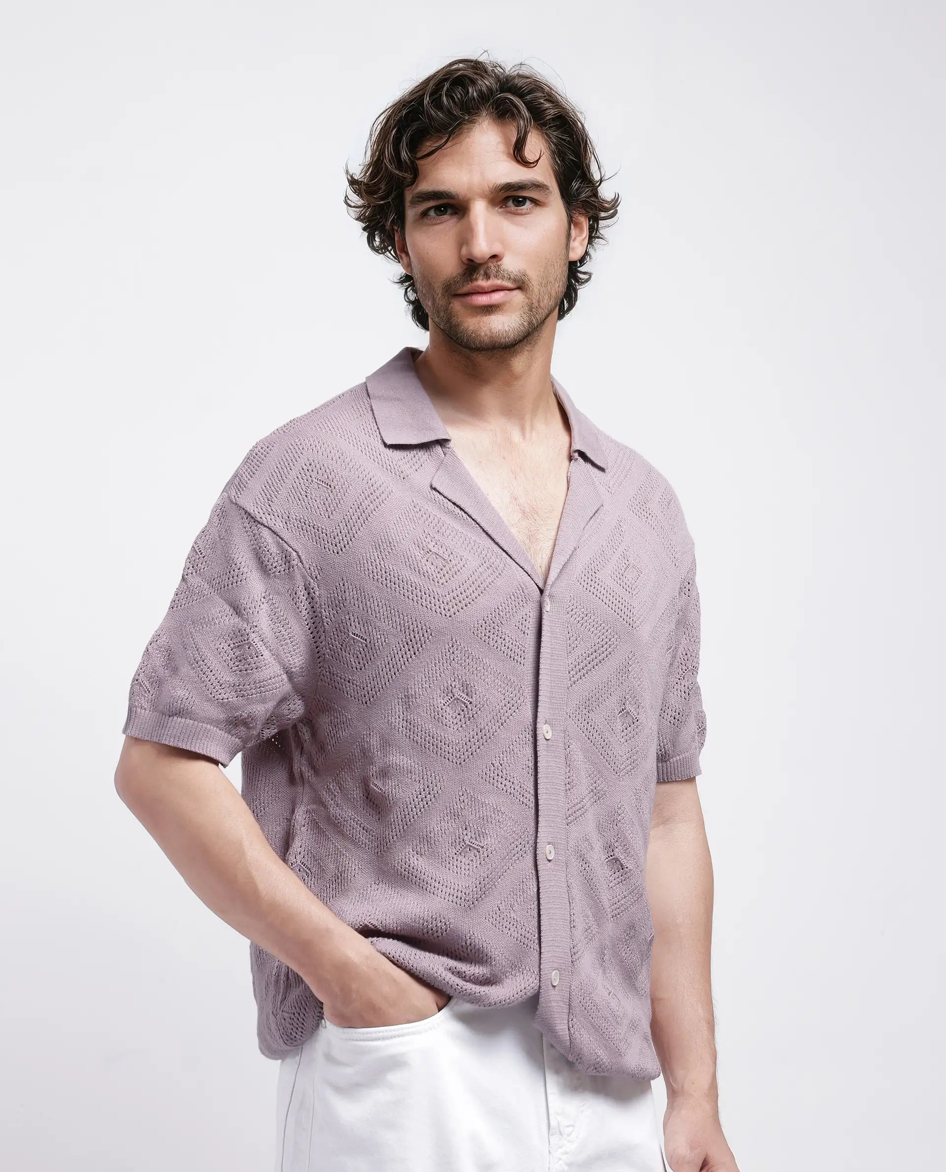 Rare Rabbit Men Wats Dusky Pink Cotton Fabric Short Sleeve Cuban Collared Button Closure Knitted Plain Shirt