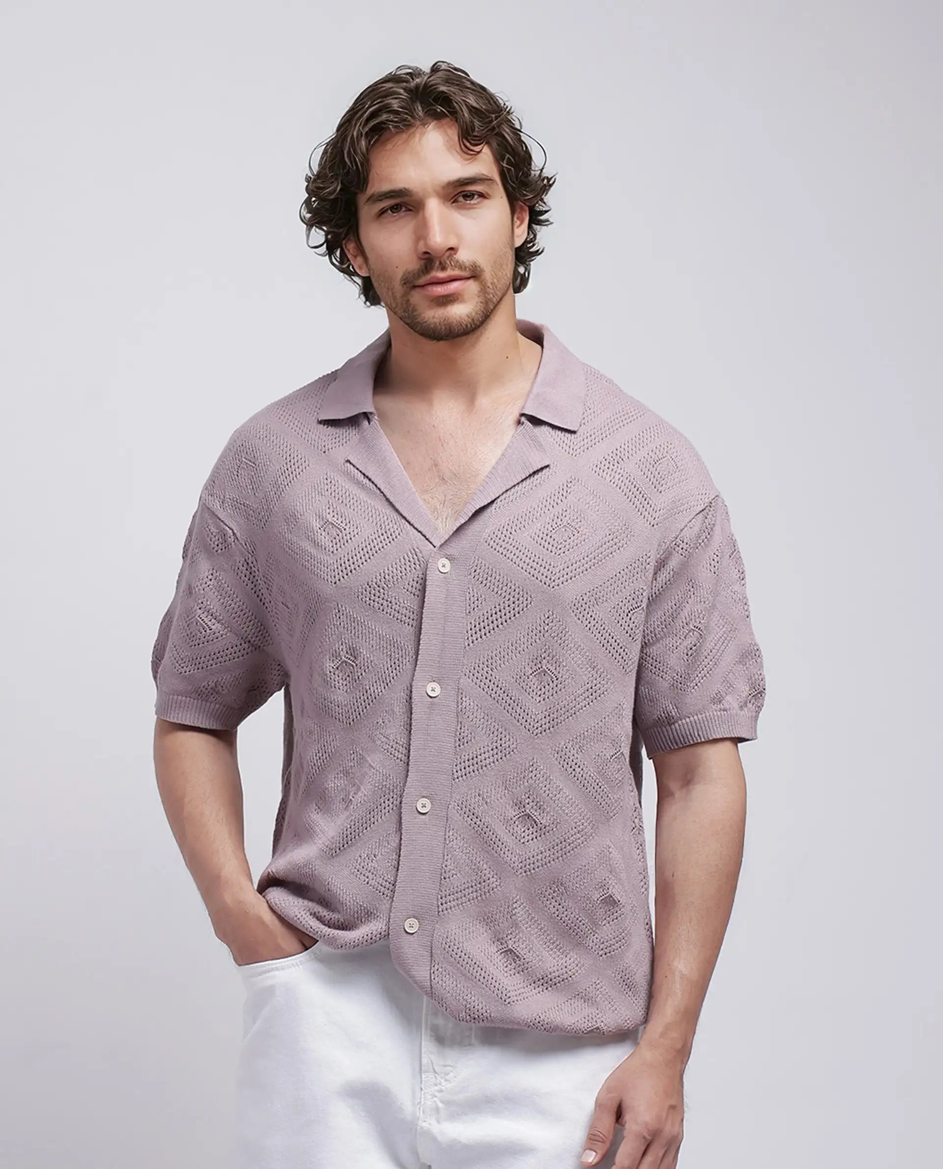 Rare Rabbit Men Wats Dusky Pink Cotton Fabric Short Sleeve Cuban Collared Button Closure Knitted Plain Shirt