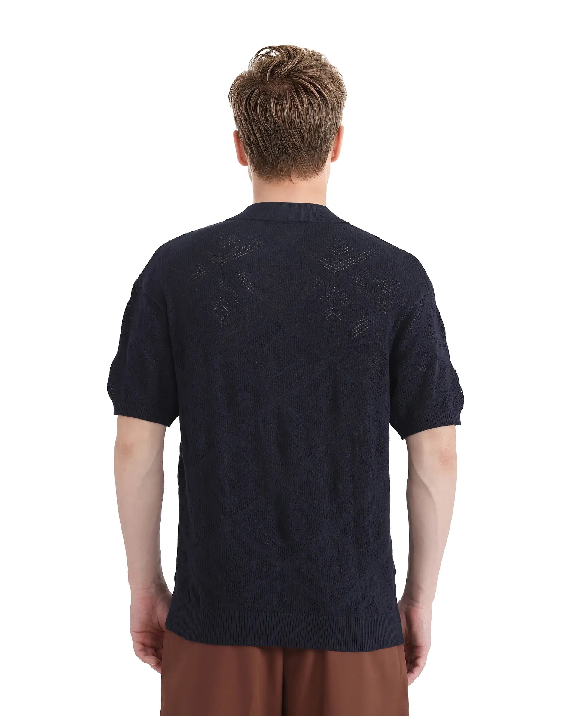 Rare Rabbit Men Wats Navy Cotton Fabric Short Sleeve Cuban Collared Button Closure Knitted Plain Shirt