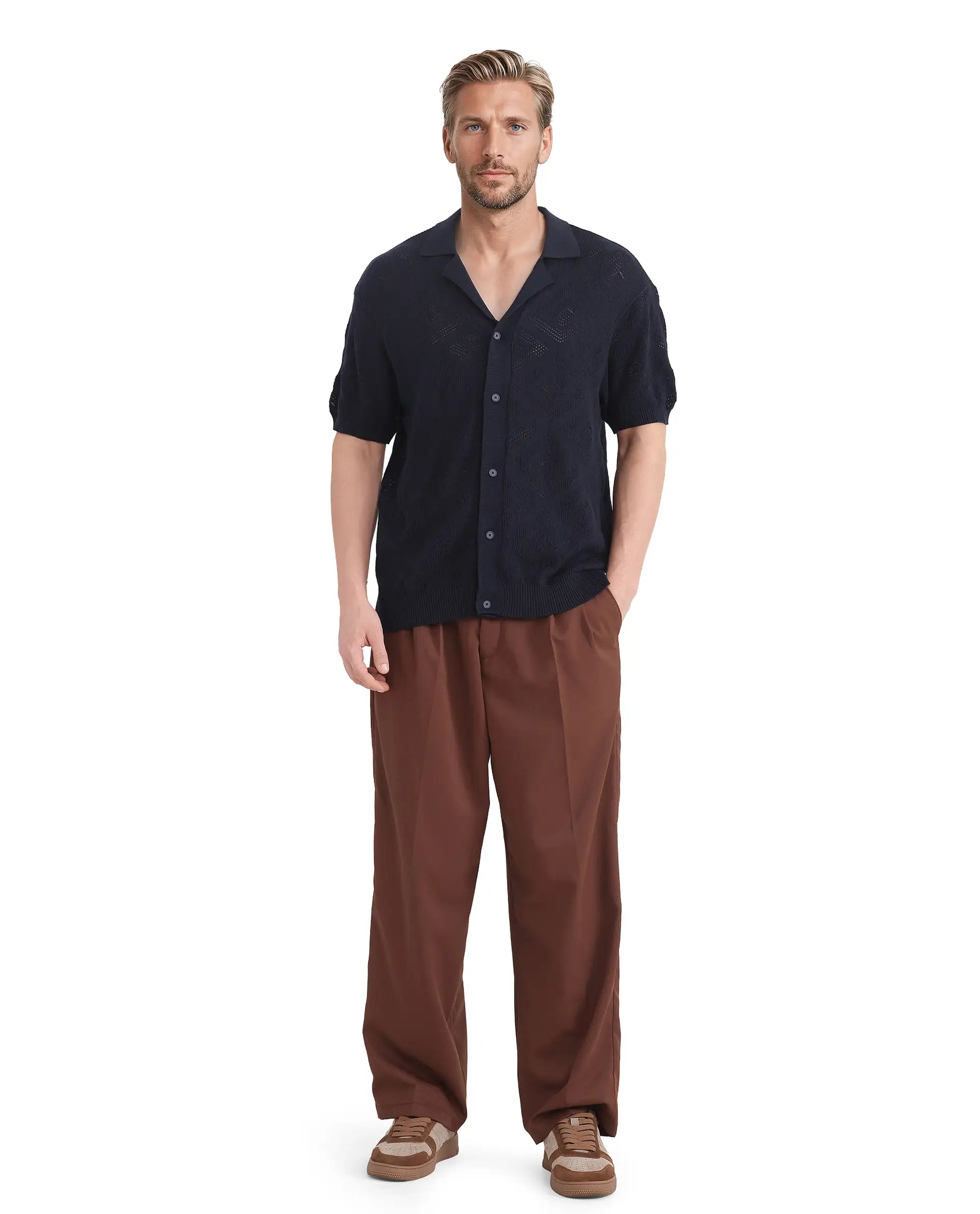 Rare Rabbit Men Wats Navy Cotton Fabric Short Sleeve Cuban Collared Button Closure Knitted Plain Shirt