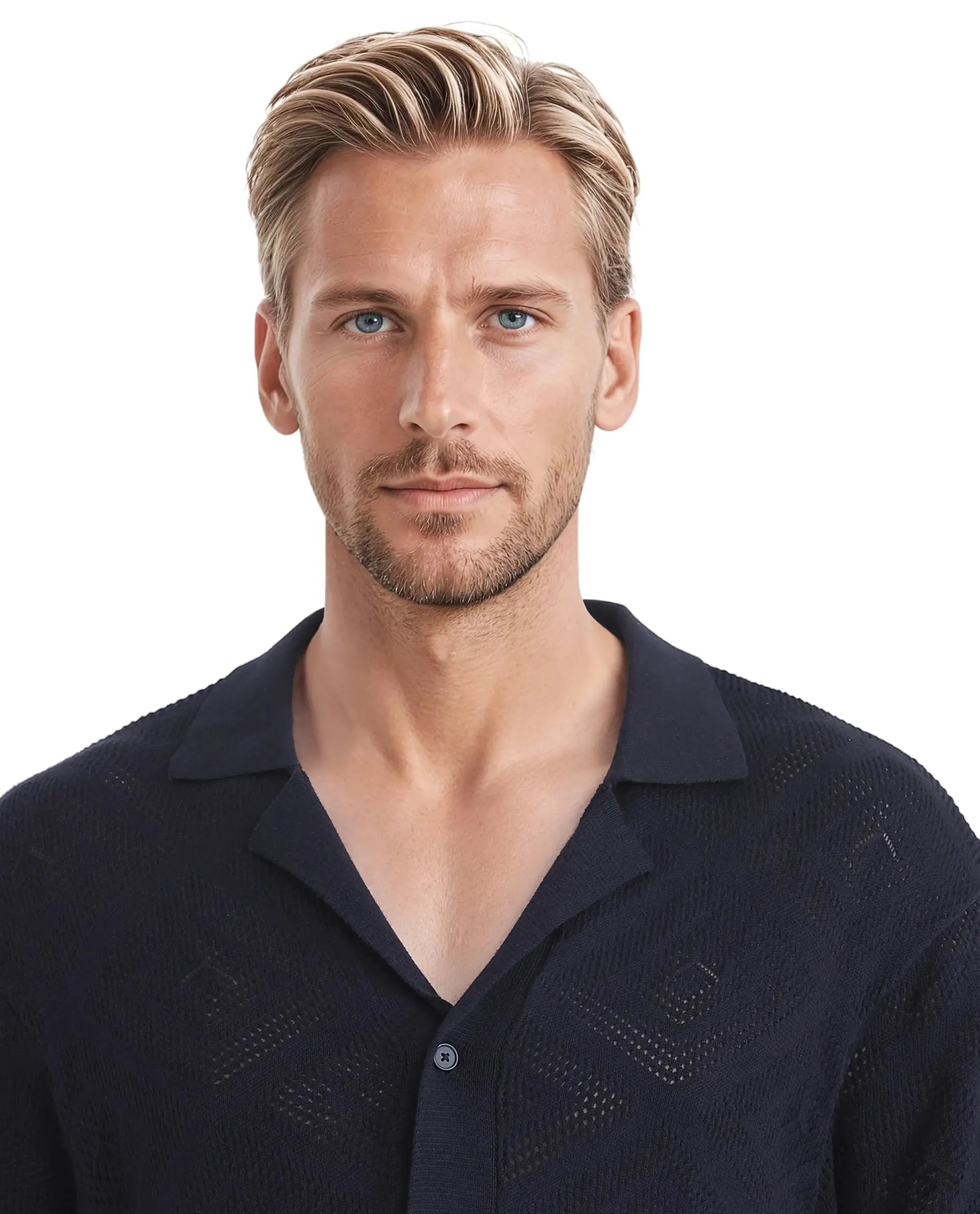 Rare Rabbit Men Wats Navy Cotton Fabric Short Sleeve Cuban Collared Button Closure Knitted Plain Shirt