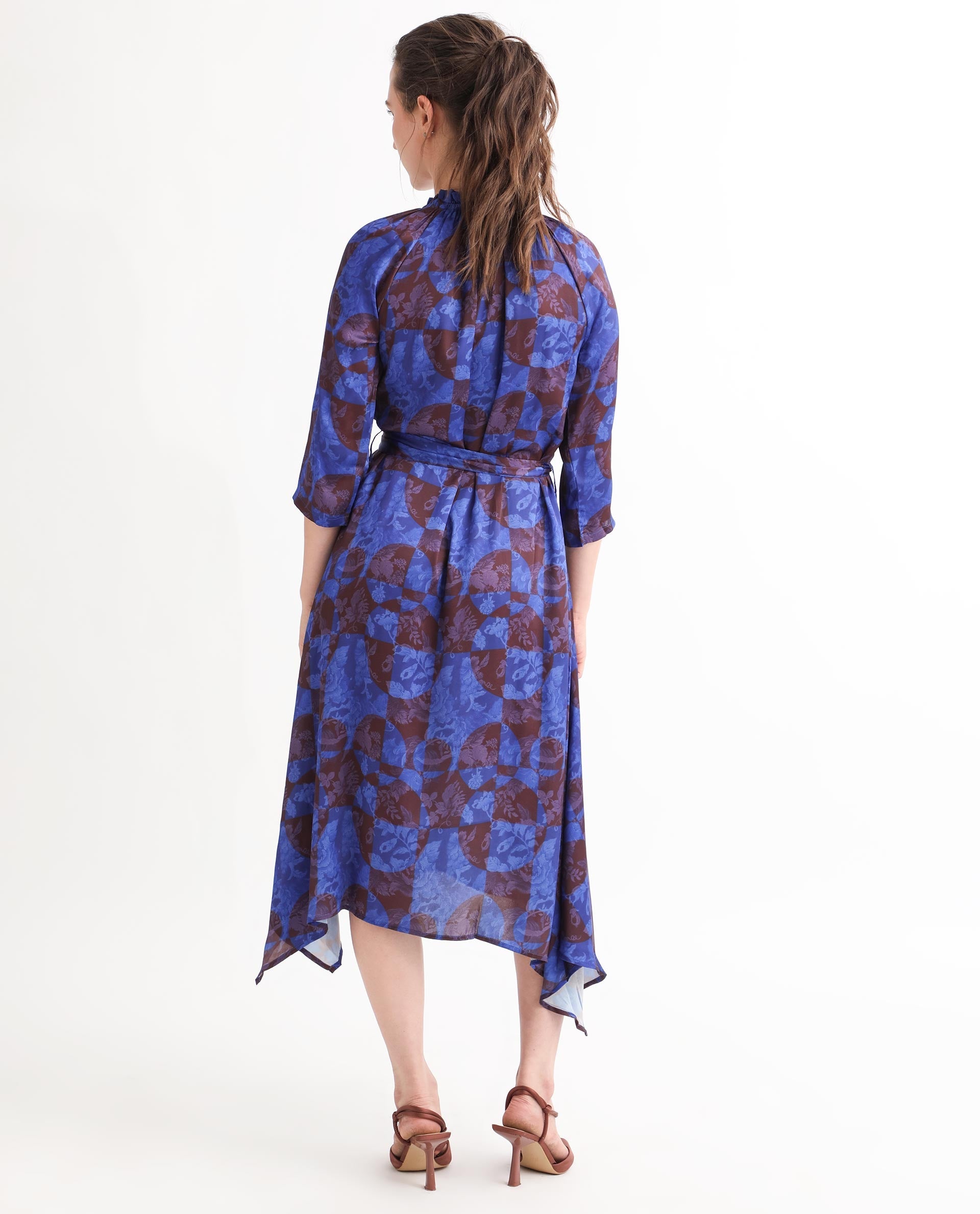 Rareism Women Watson Brown Polyester Fabric 3/4Th Sleeves Drawstring Closure Tie-Up Neck Regular Fit Floral Print Knee Length Asymmetric Dress