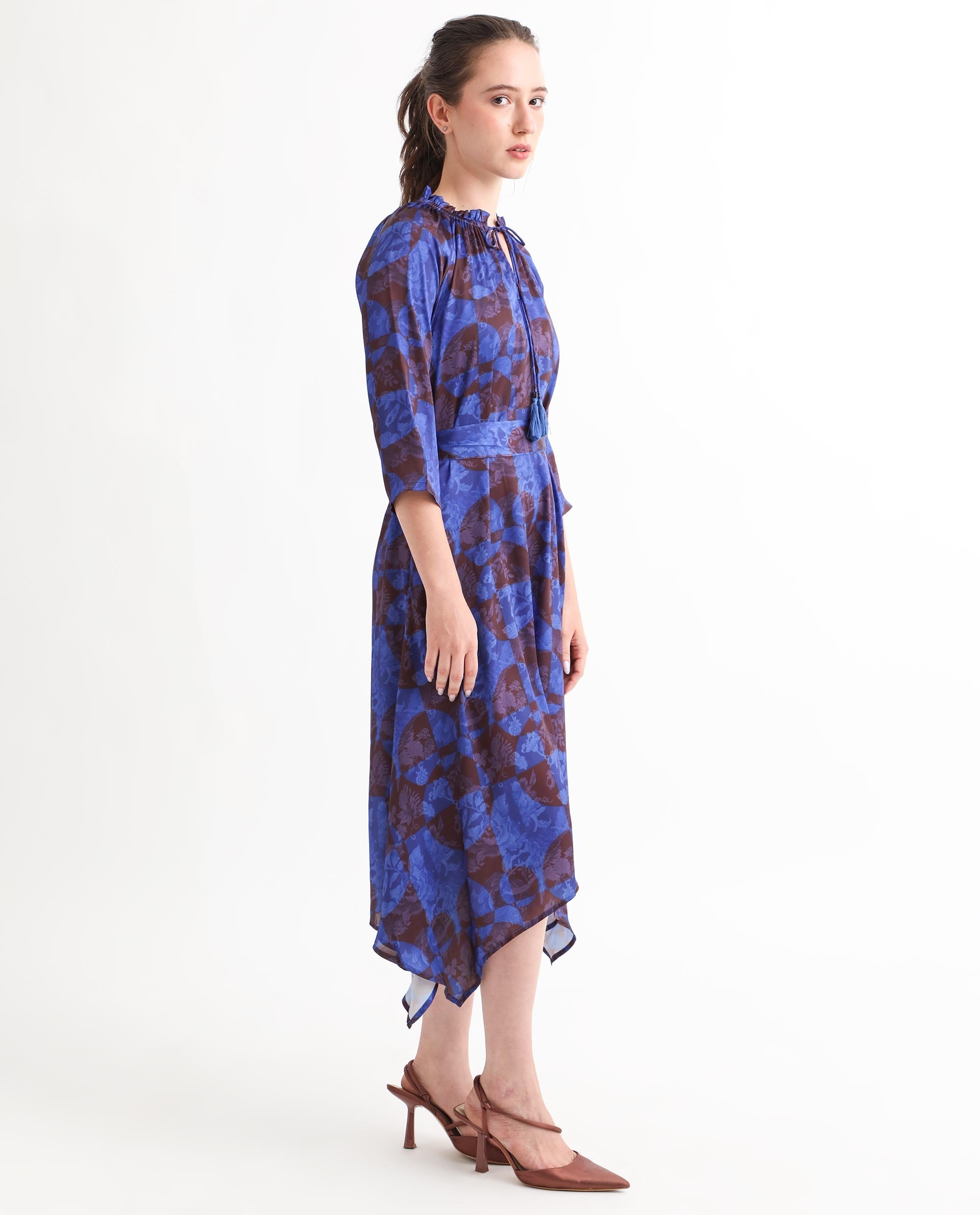 Rareism Women Watson Brown Polyester Fabric 3/4Th Sleeves Drawstring Closure Tie-Up Neck Regular Fit Floral Print Knee Length Asymmetric Dress