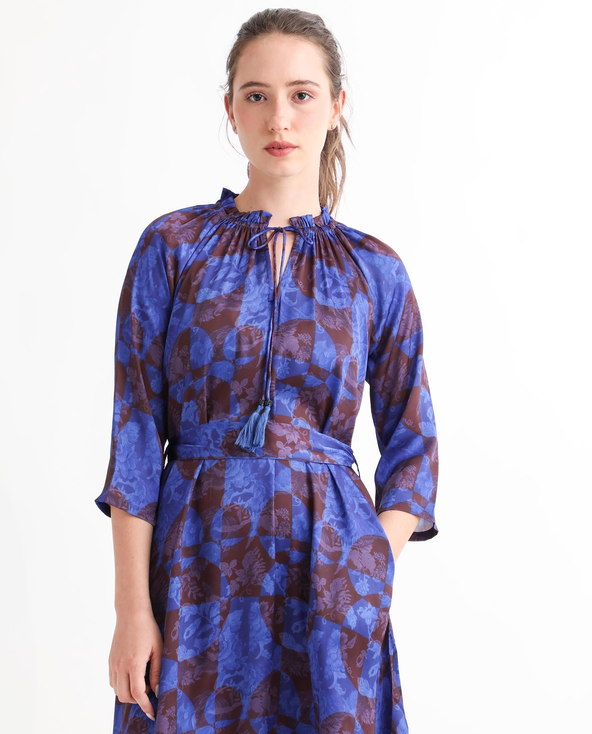Rareism Women Watson Brown Polyester Fabric 3/4Th Sleeves Drawstring Closure Tie-Up Neck Regular Fit Floral Print Knee Length Asymmetric Dress