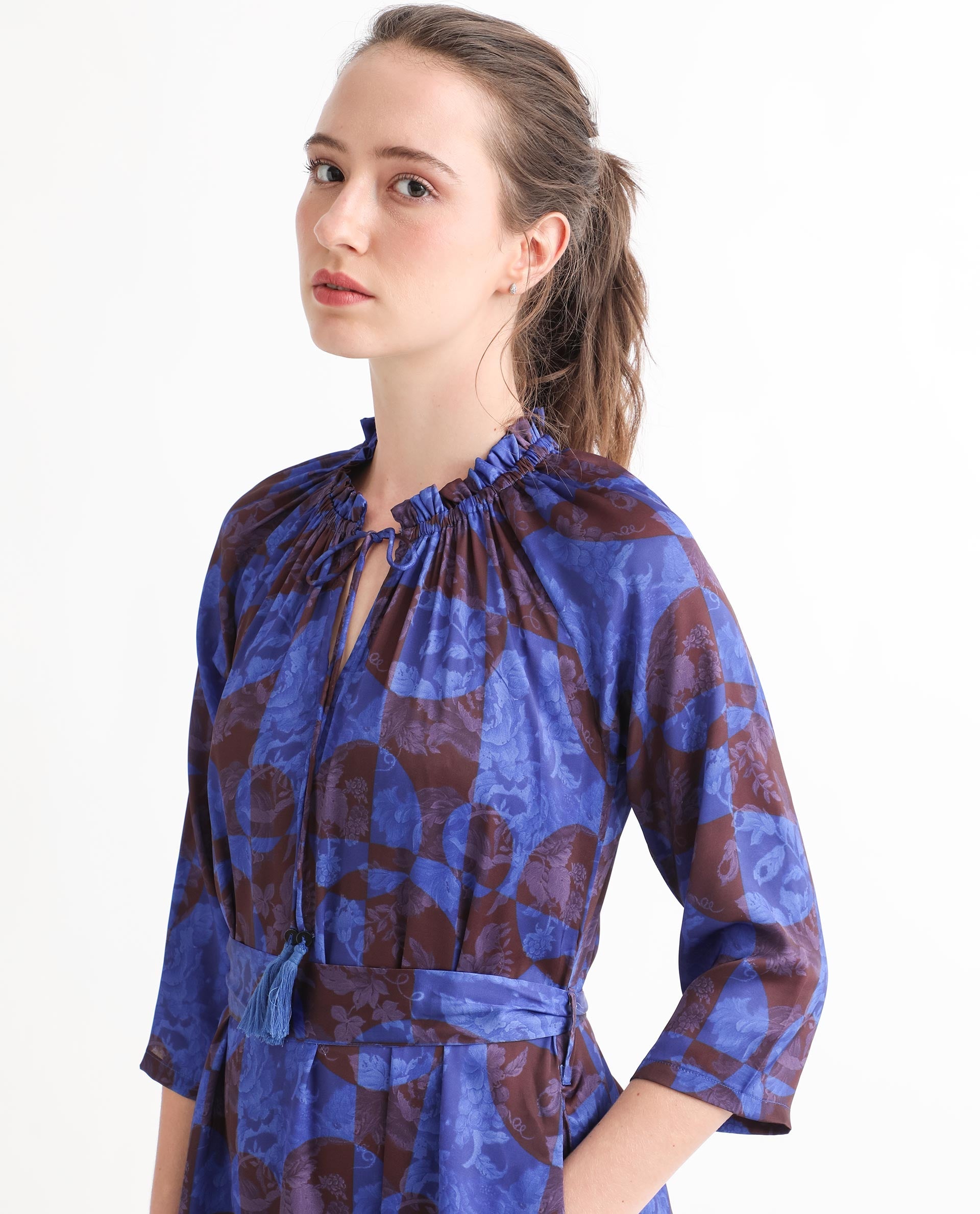 Rareism Women Watson Brown Polyester Fabric 3/4Th Sleeves Drawstring Closure Tie-Up Neck Regular Fit Floral Print Knee Length Asymmetric Dress