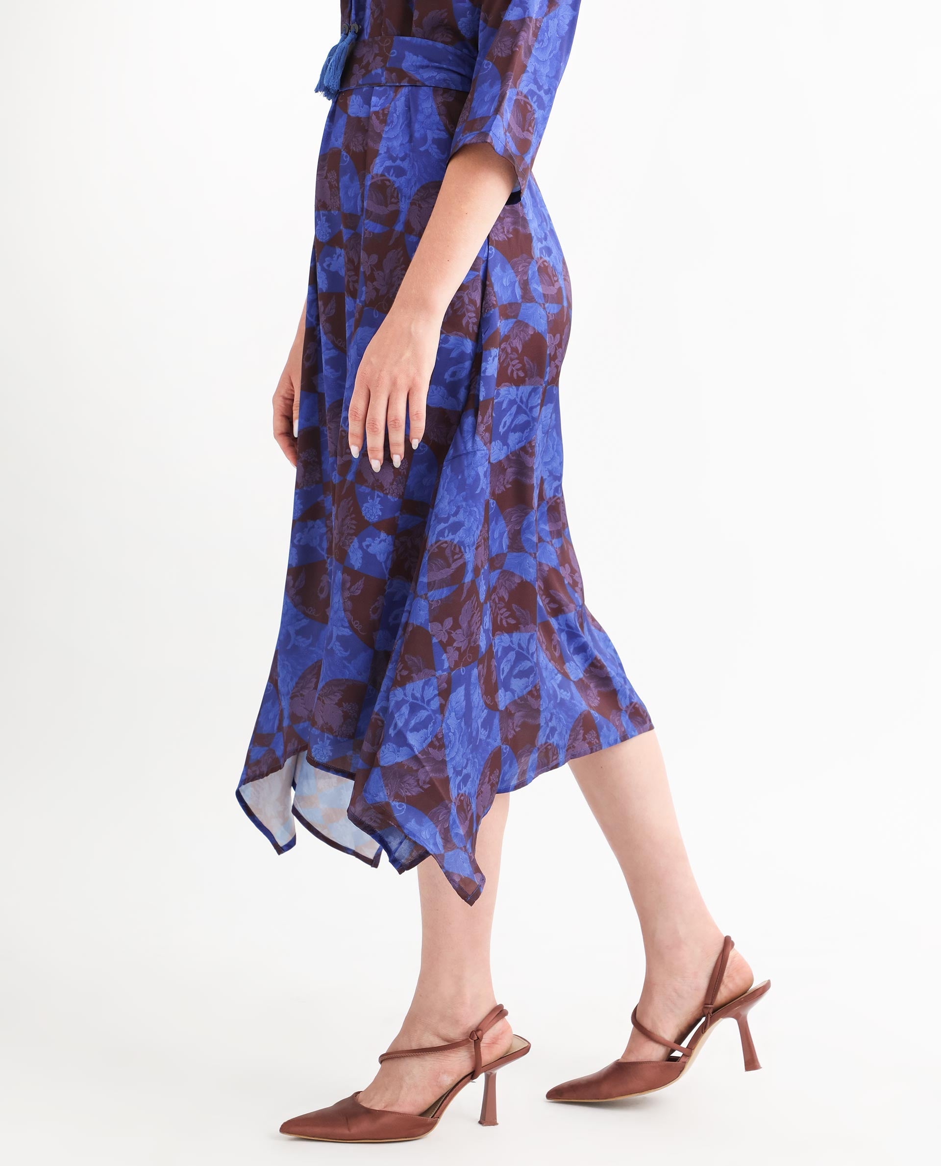 Rareism Women Watson Brown Polyester Fabric 3/4Th Sleeves Drawstring Closure Tie-Up Neck Regular Fit Floral Print Knee Length Asymmetric Dress