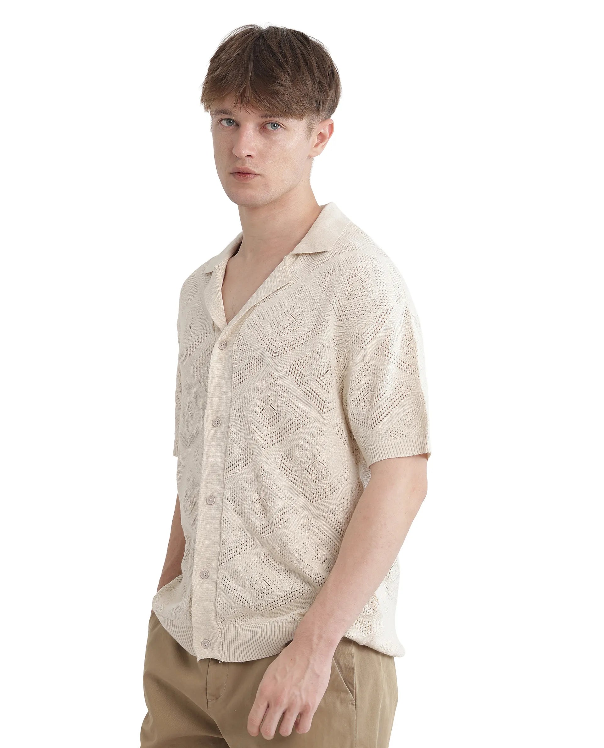 Rare Rabbit Men Wats White Cotton Fabric Short Sleeve Cuban Collared Button Closure Knitted Plain Shirt