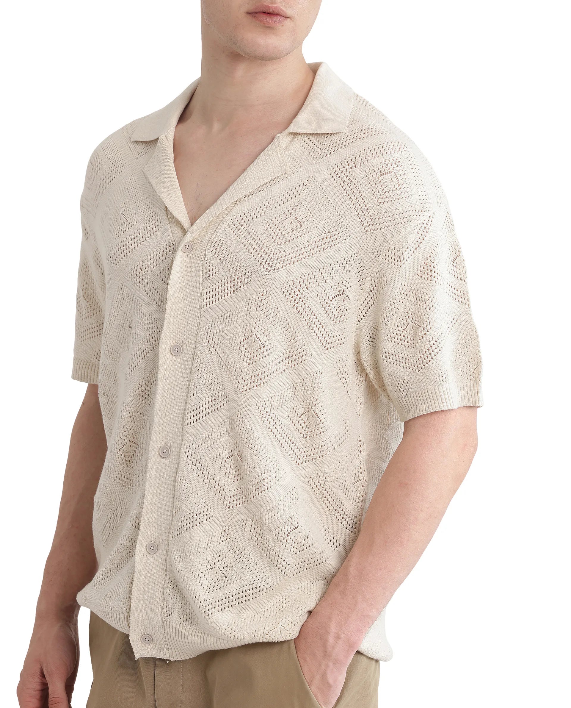 Rare Rabbit Men Wats White Cotton Fabric Short Sleeve Cuban Collared Button Closure Knitted Plain Shirt