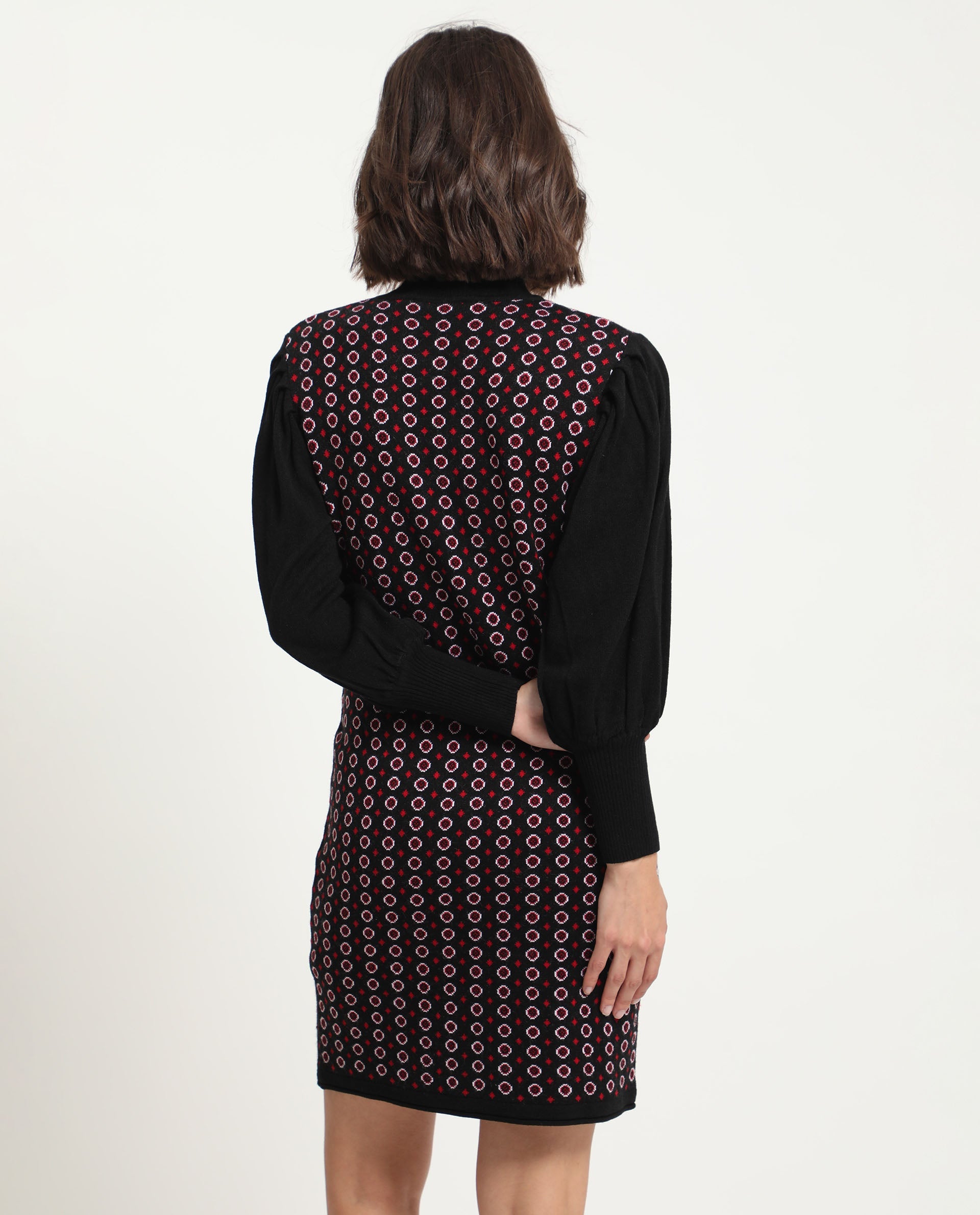 Rareism Women Web 2 Black Acrylic Fabric Full Sleeves Knee Length Regular Fit Geometric Print High Neck Sweater