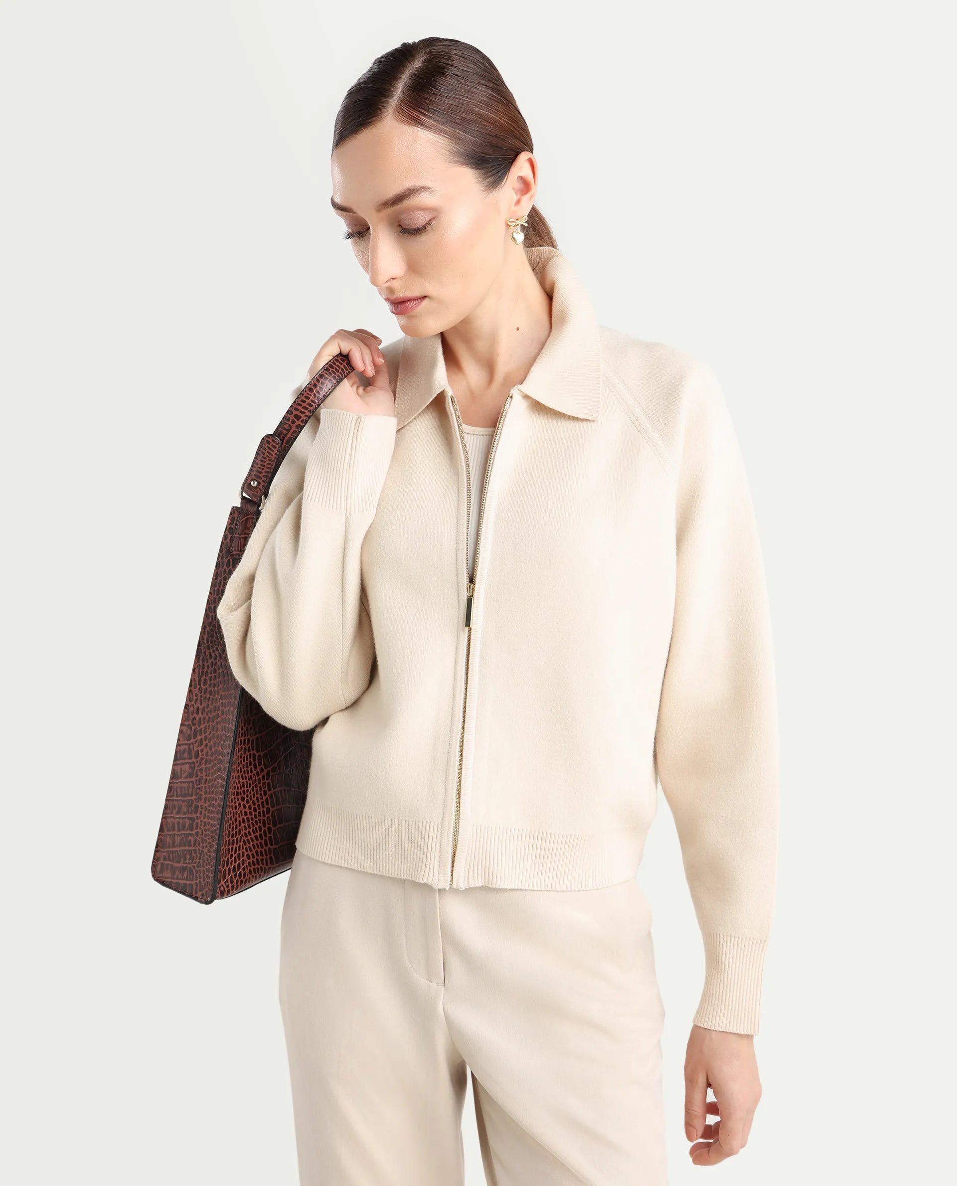 Rareism Women's Wedzo Off White Viscose Blend Spread Collar Regular Fit Plain Jacket