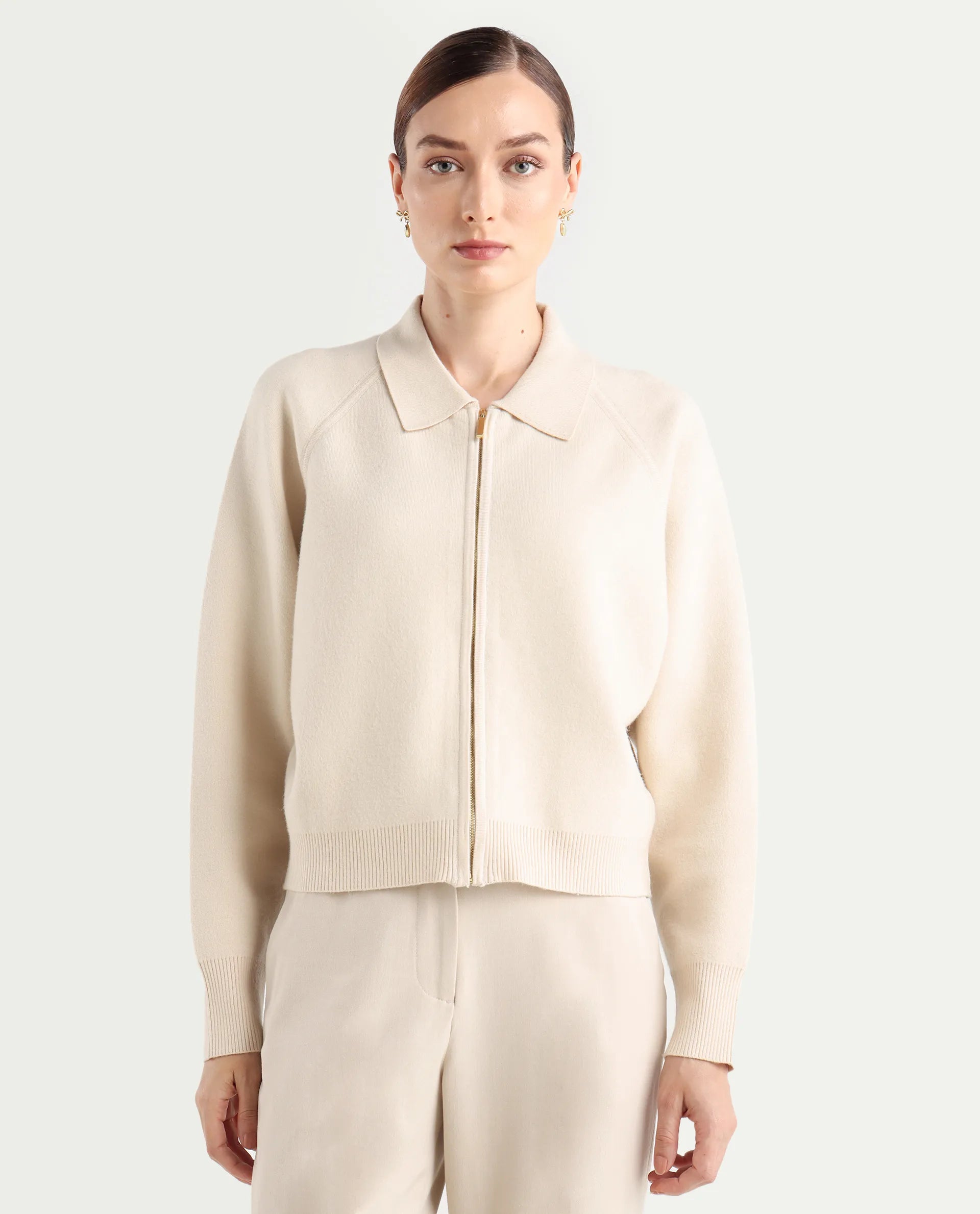 Rareism Women's Wedzo Off White Viscose Blend Spread Collar Regular Fit Plain Jacket