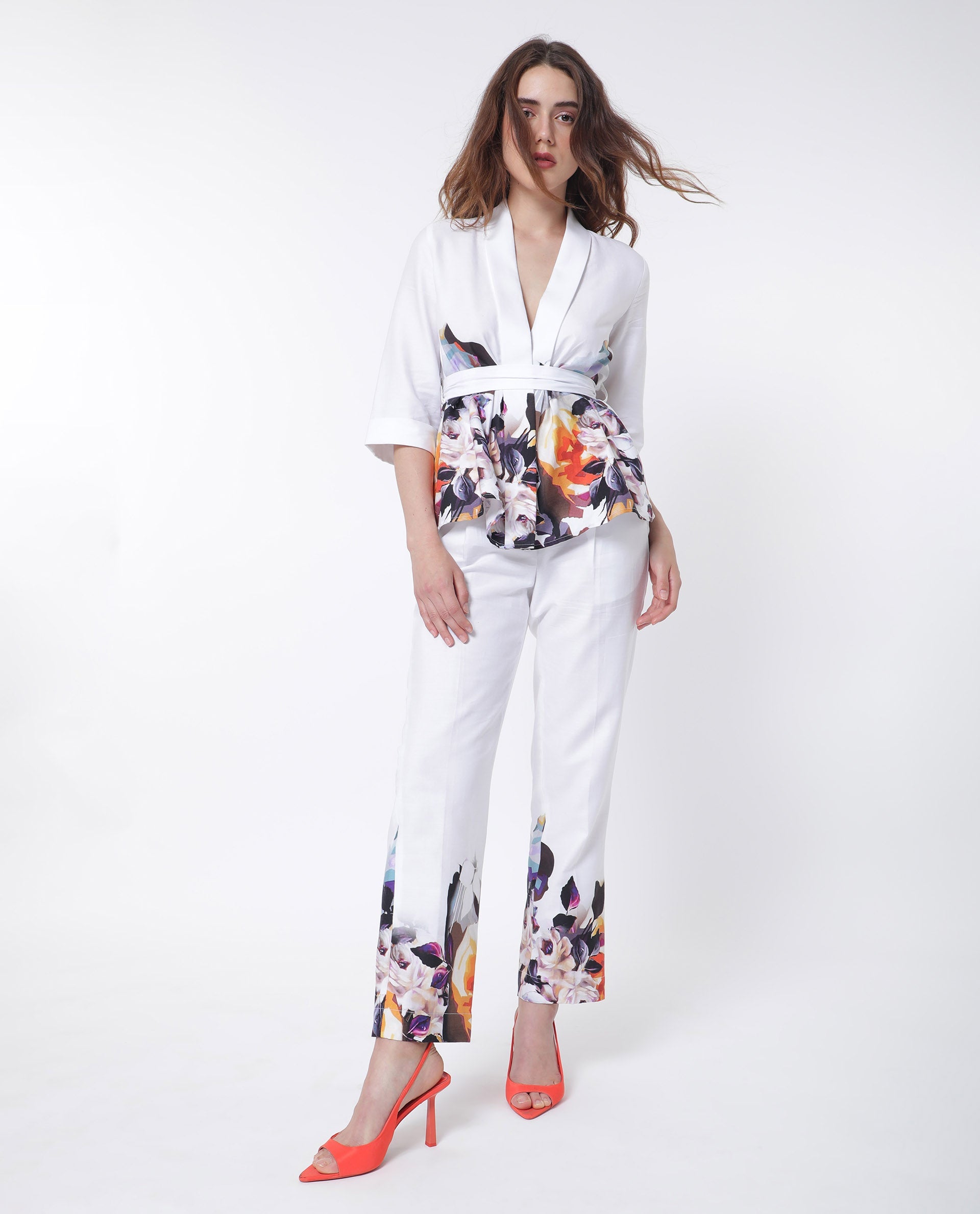 Rareism Women Wangen White Cotton Fabric 3/4Th Sleeves Tie-Up Closure Relaxed Fit Floral Print Shrug