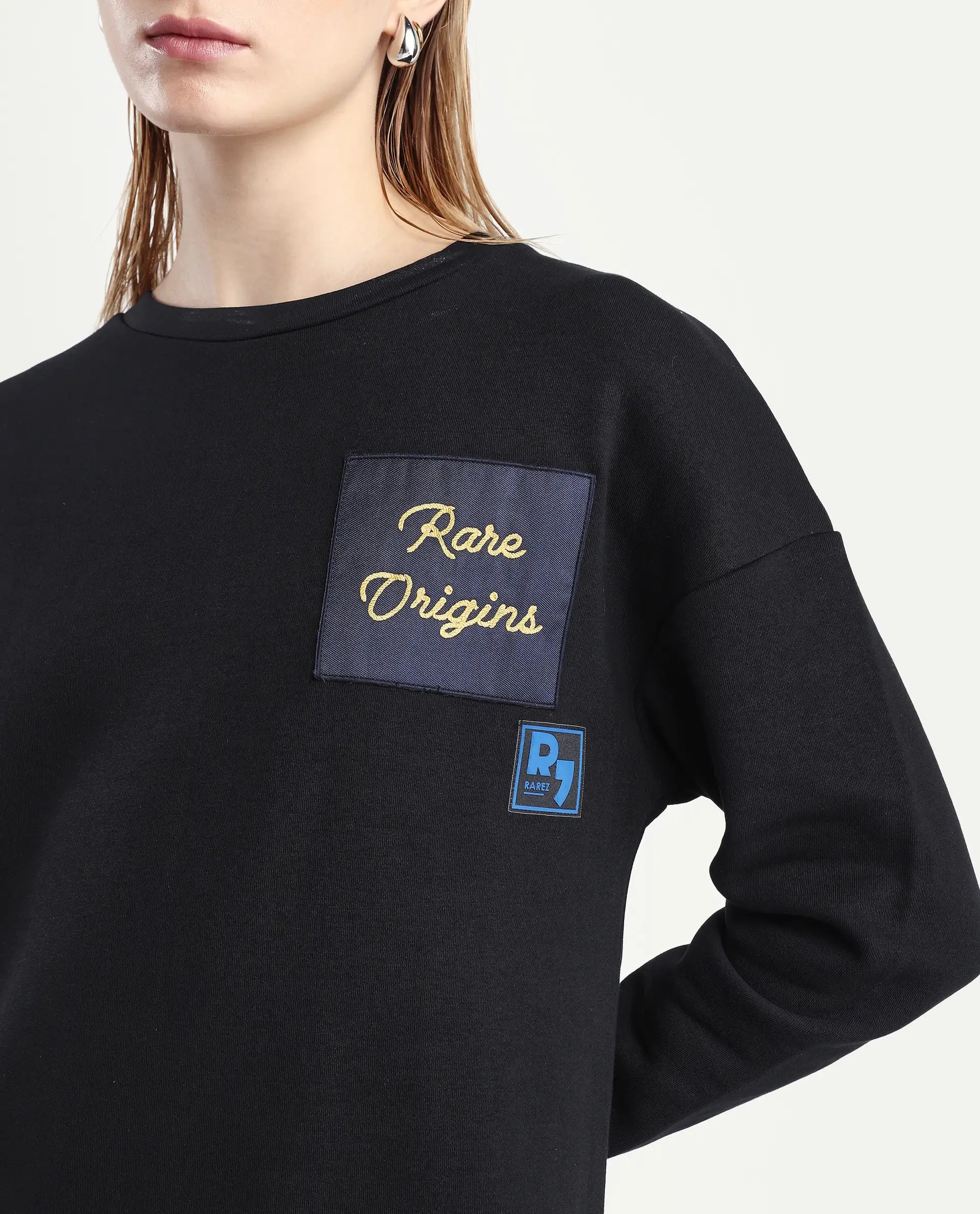 Rareism Women's Wekel Black Cotton Blend Crew Neck Plain Oversized Sweatshirt