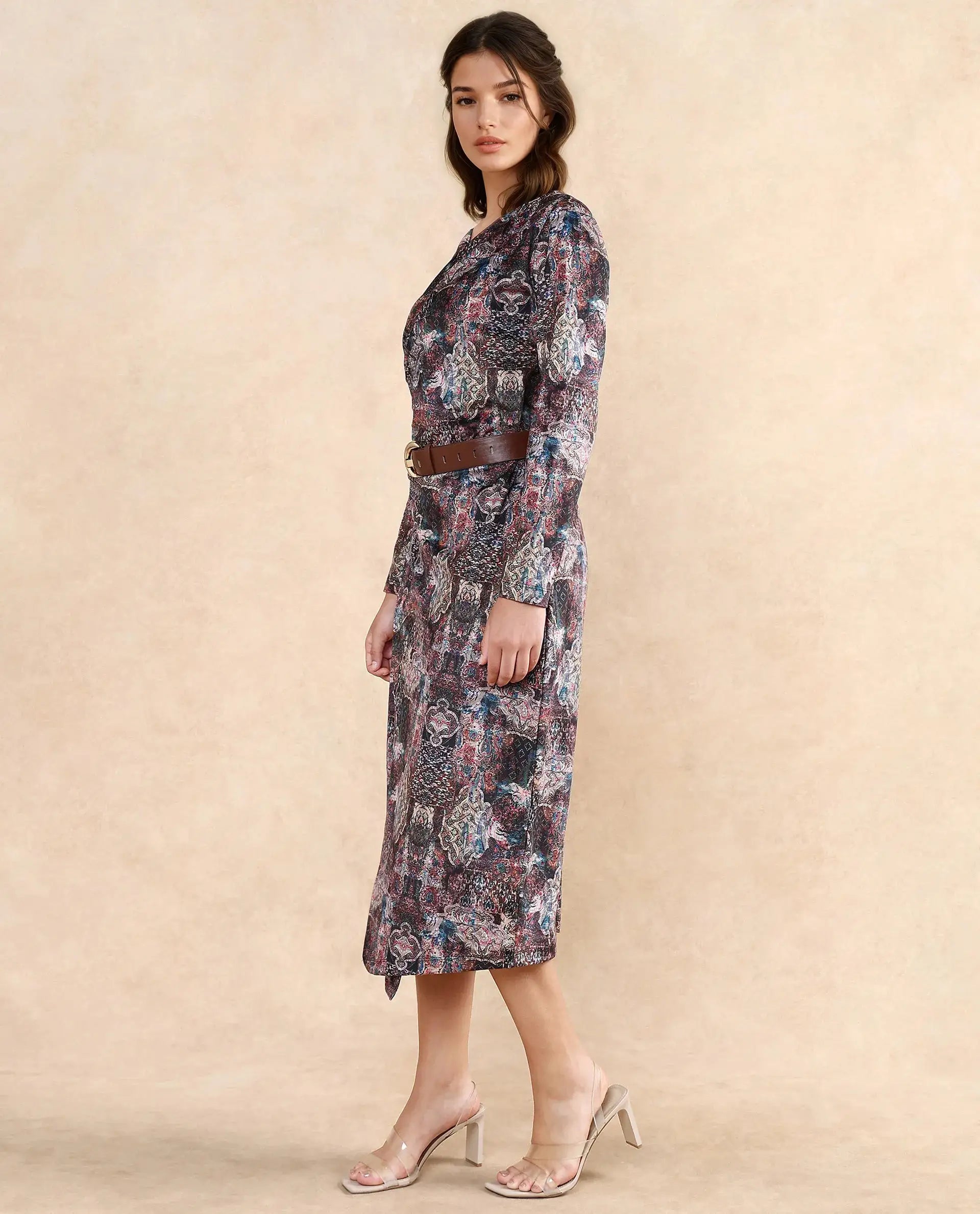 Rareism Women Wekly Dark Multi Full Sleeve V-Neck Zipper Closure Fitted Midi Abstract Print Dress