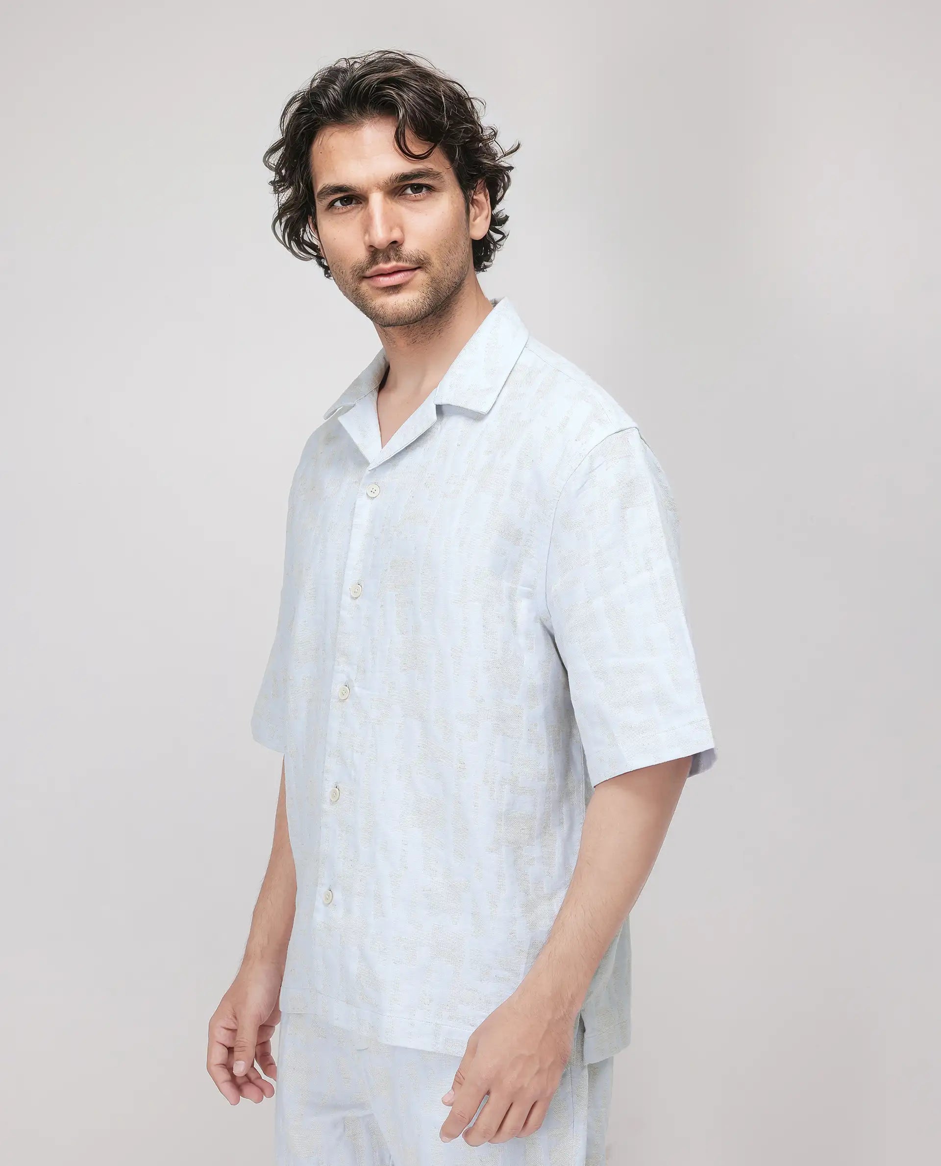 Rare Rabbit Men's Welk Pastel Blue Polyester Cotton Fabric Half Sleeve Spread Collar Button Closure Relaxed Fit Plain Shirt