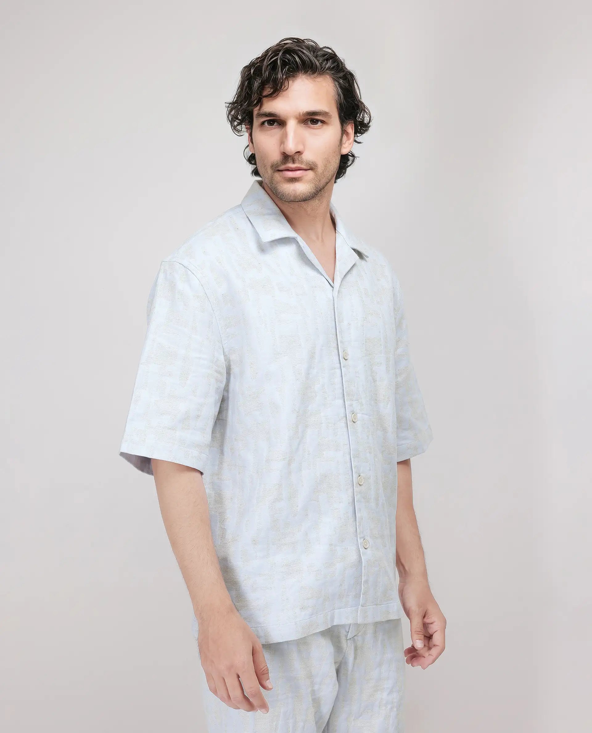 Rare Rabbit Men's Welk Pastel Blue Polyester Cotton Fabric Half Sleeve Spread Collar Button Closure Relaxed Fit Plain Shirt