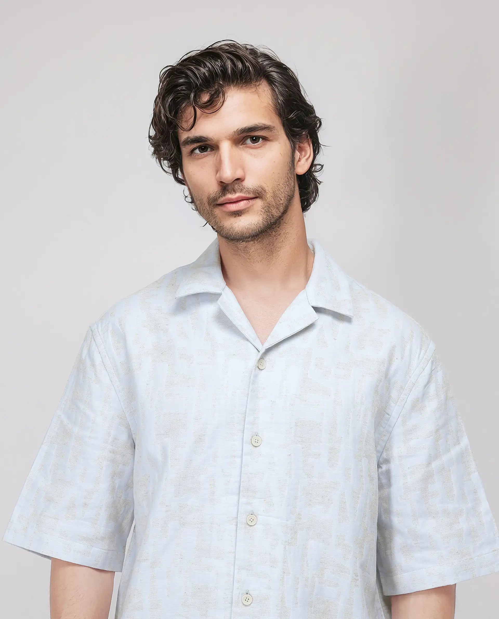 Rare Rabbit Men's Welk Pastel Blue Polyester Cotton Fabric Half Sleeve Spread Collar Button Closure Relaxed Fit Plain Shirt