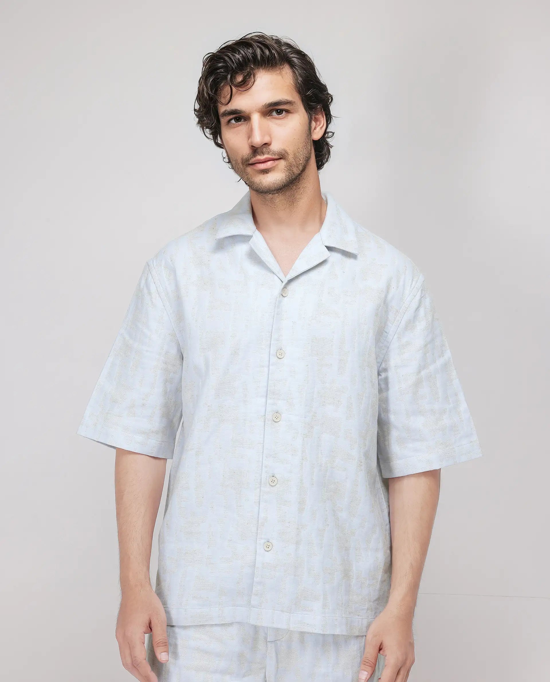 Rare Rabbit Men's Welk Pastel Blue Polyester Cotton Fabric Half Sleeve Spread Collar Button Closure Relaxed Fit Plain Shirt