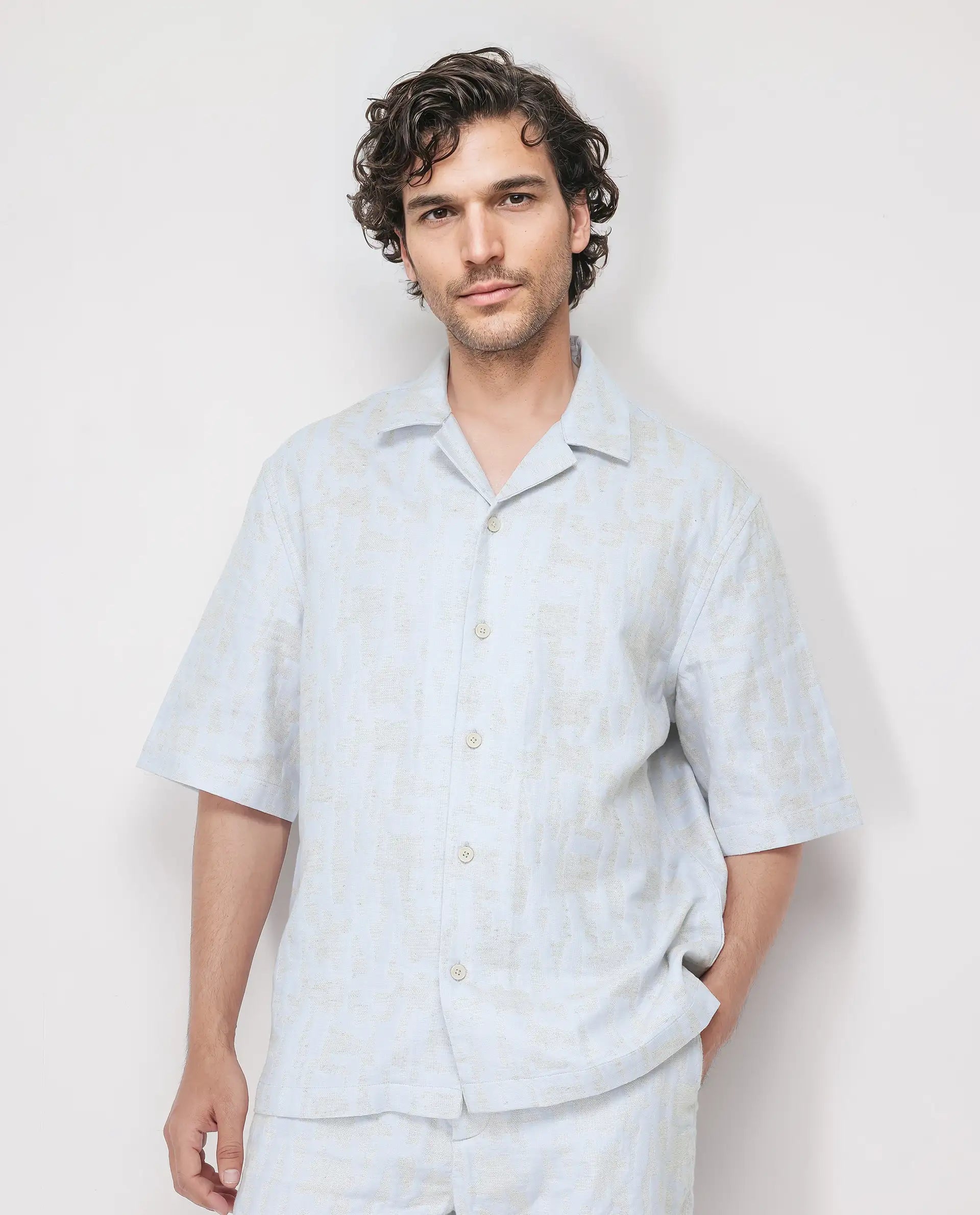Rare Rabbit Men's Welk Pastel Blue Polyester Cotton Fabric Half Sleeve Spread Collar Button Closure Relaxed Fit Plain Shirt