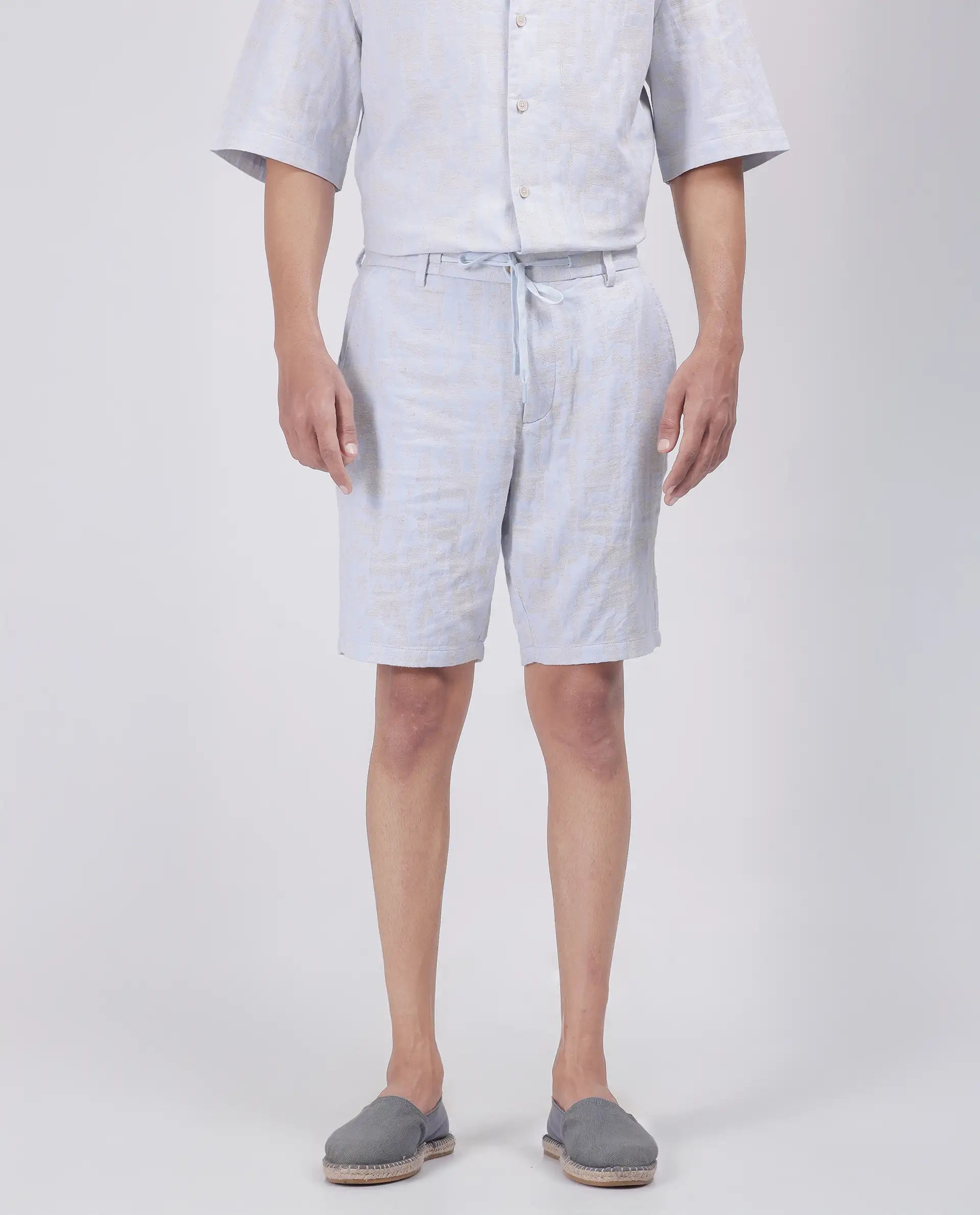 Rare Rabbit Men Welks Pastel Blue Cotton Satin Fabric Drawstring Closure Jacquard Shorts