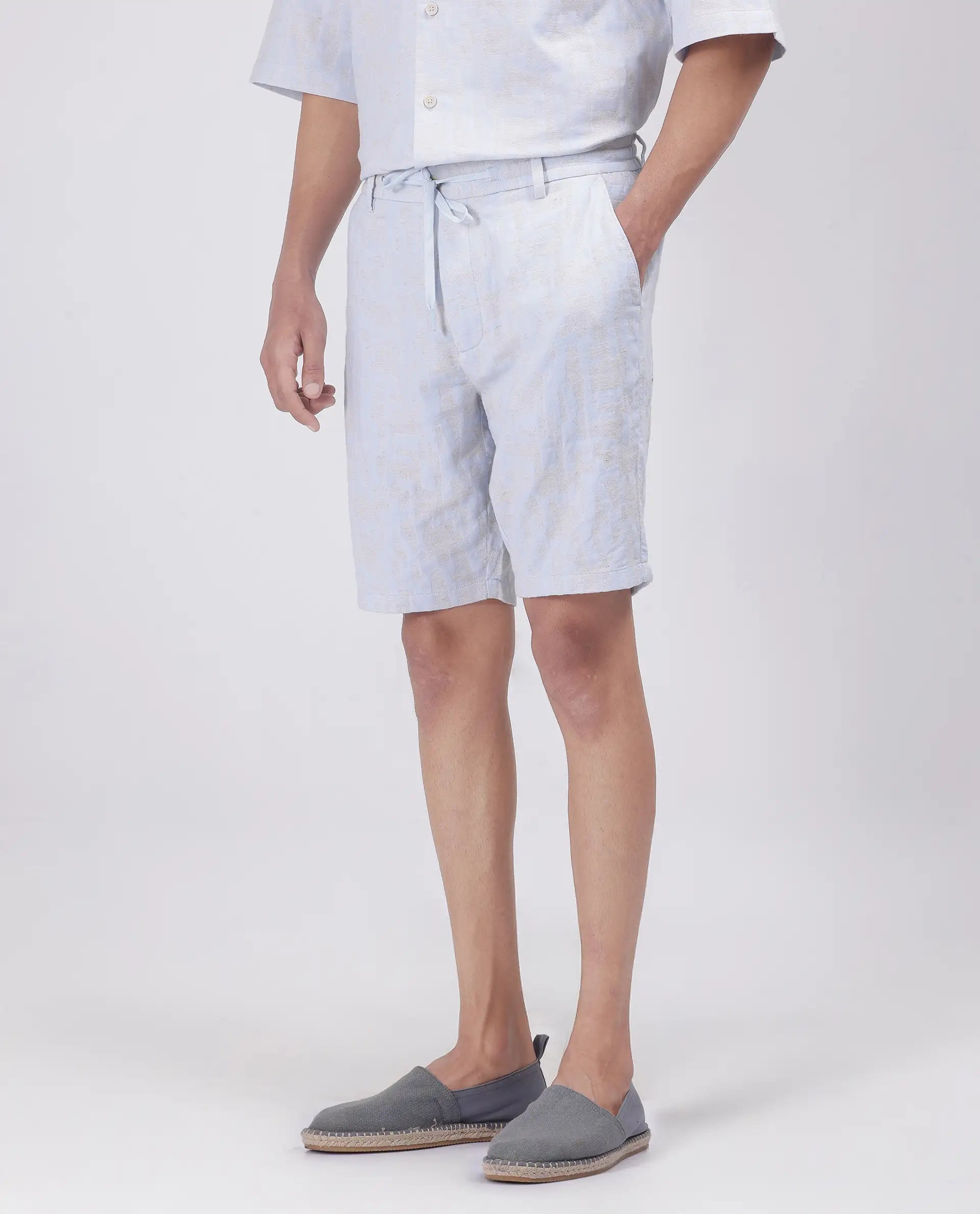 Rare Rabbit Men Welks Pastel Blue Cotton Satin Fabric Drawstring Closure Jacquard Shorts