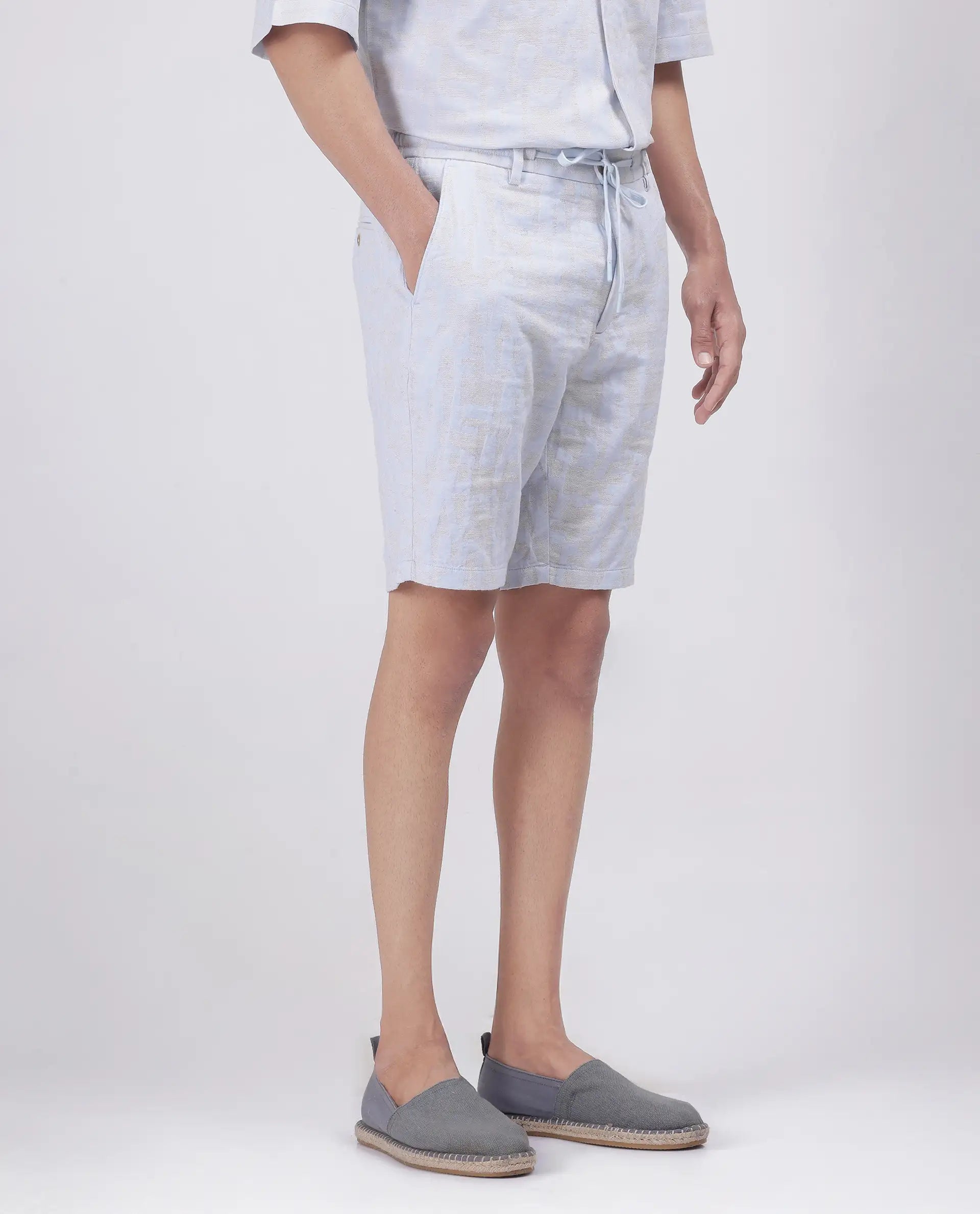 Rare Rabbit Men Welks Pastel Blue Cotton Satin Fabric Drawstring Closure Jacquard Shorts