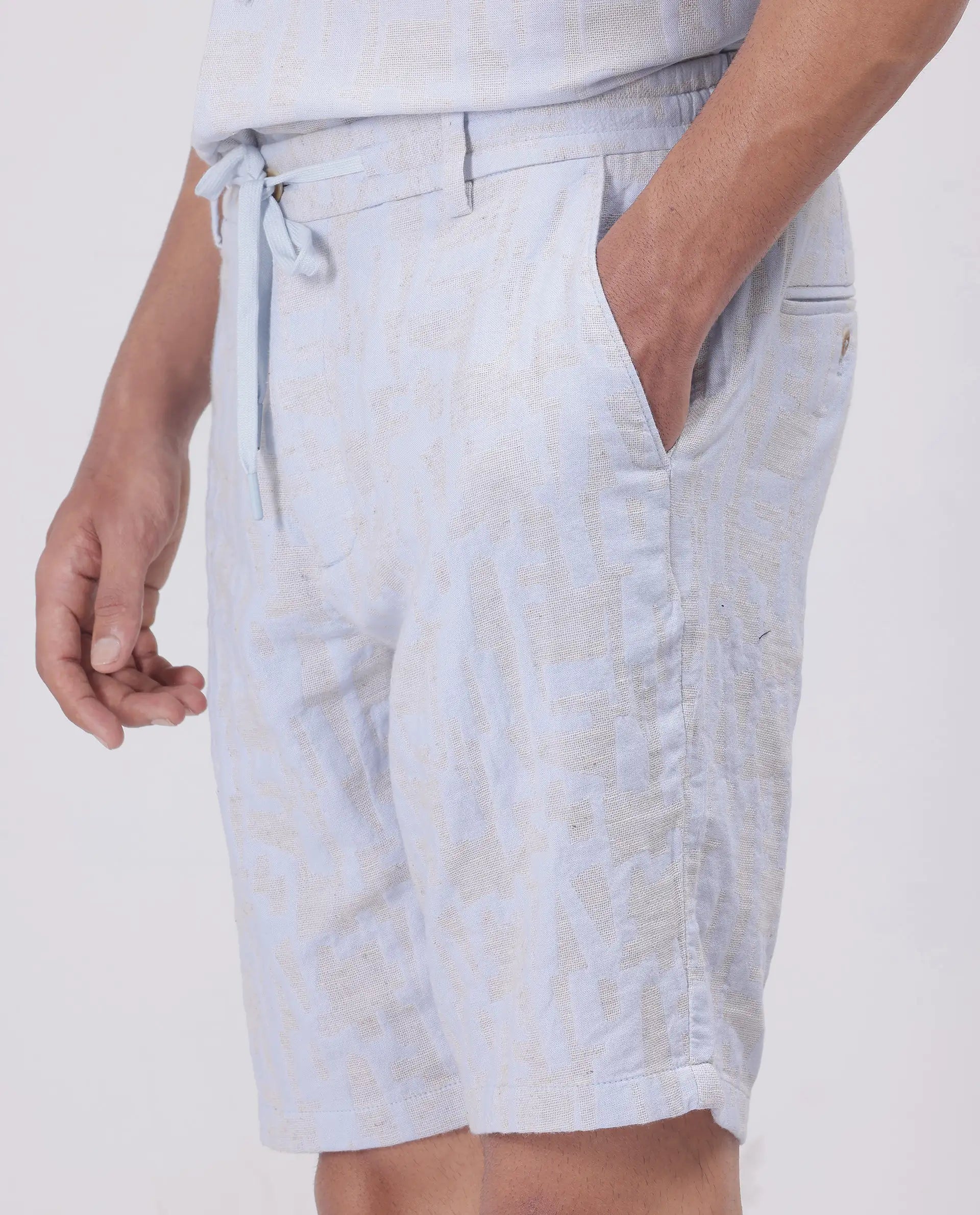 Rare Rabbit Men Welks Pastel Blue Cotton Satin Fabric Drawstring Closure Jacquard Shorts