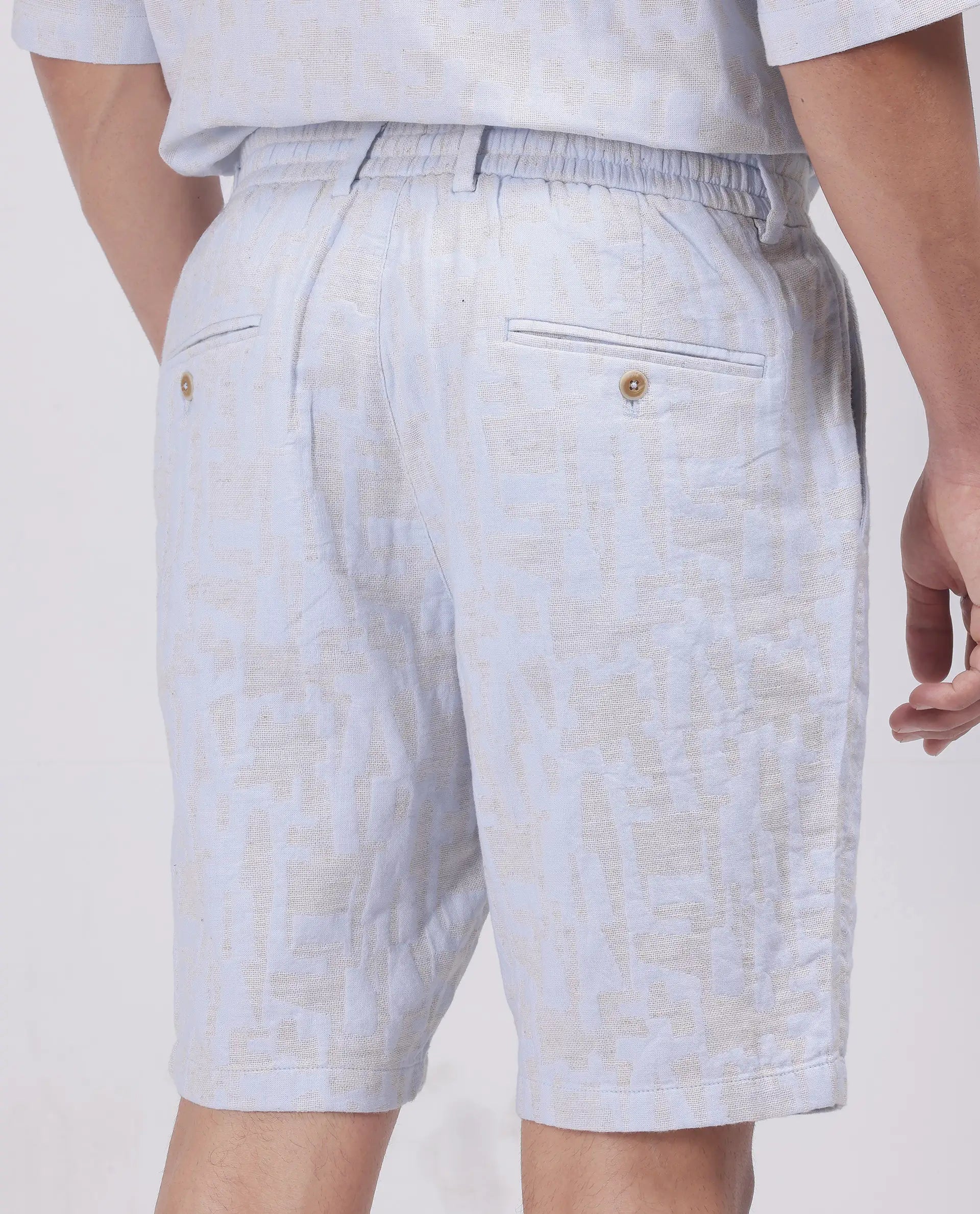 Rare Rabbit Men Welks Pastel Blue Cotton Satin Fabric Drawstring Closure Jacquard Shorts