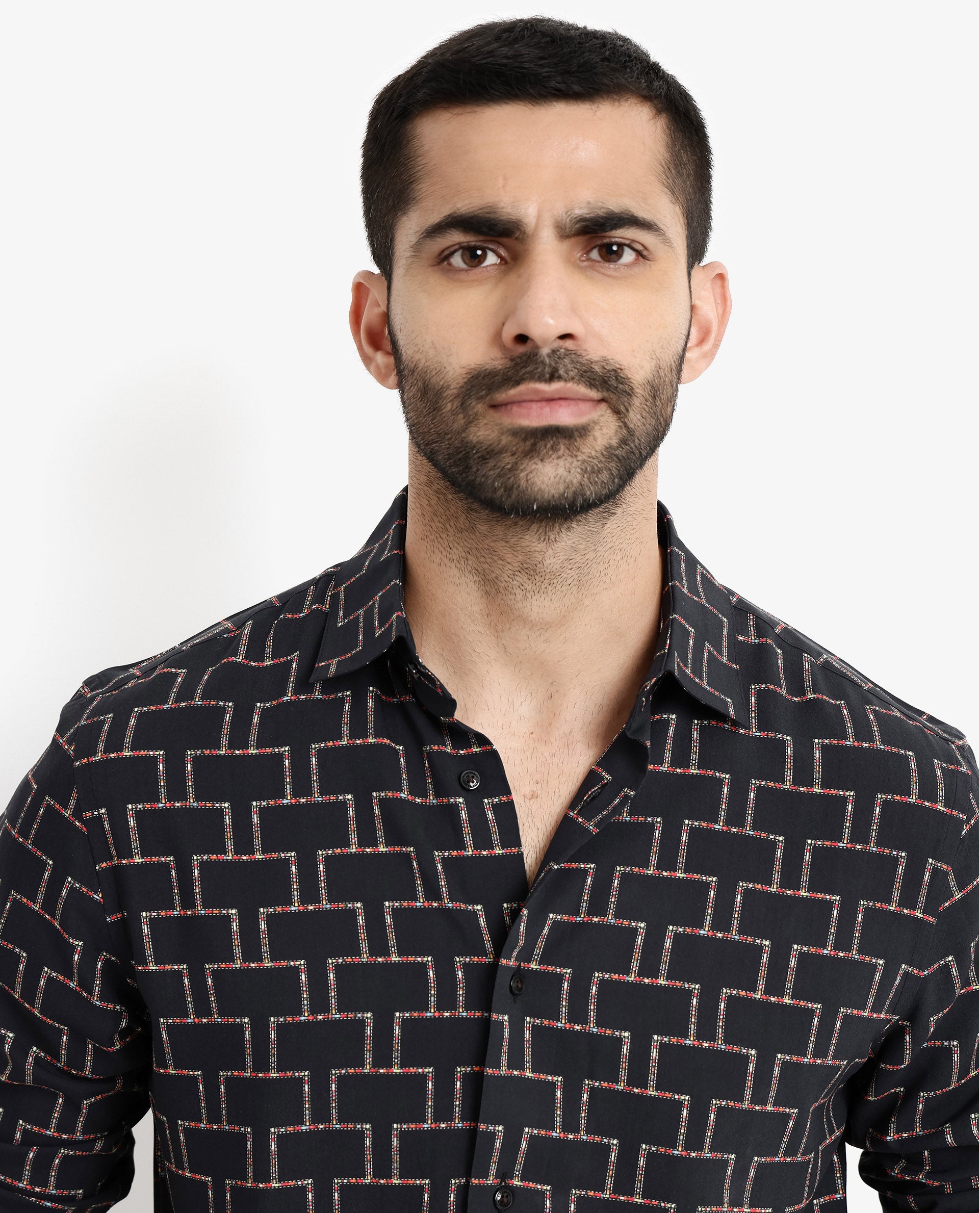 Rare Rabbit Men Wels Black Viscose Fabric Full Sleeve Regular Fit Geometric Print Shirt