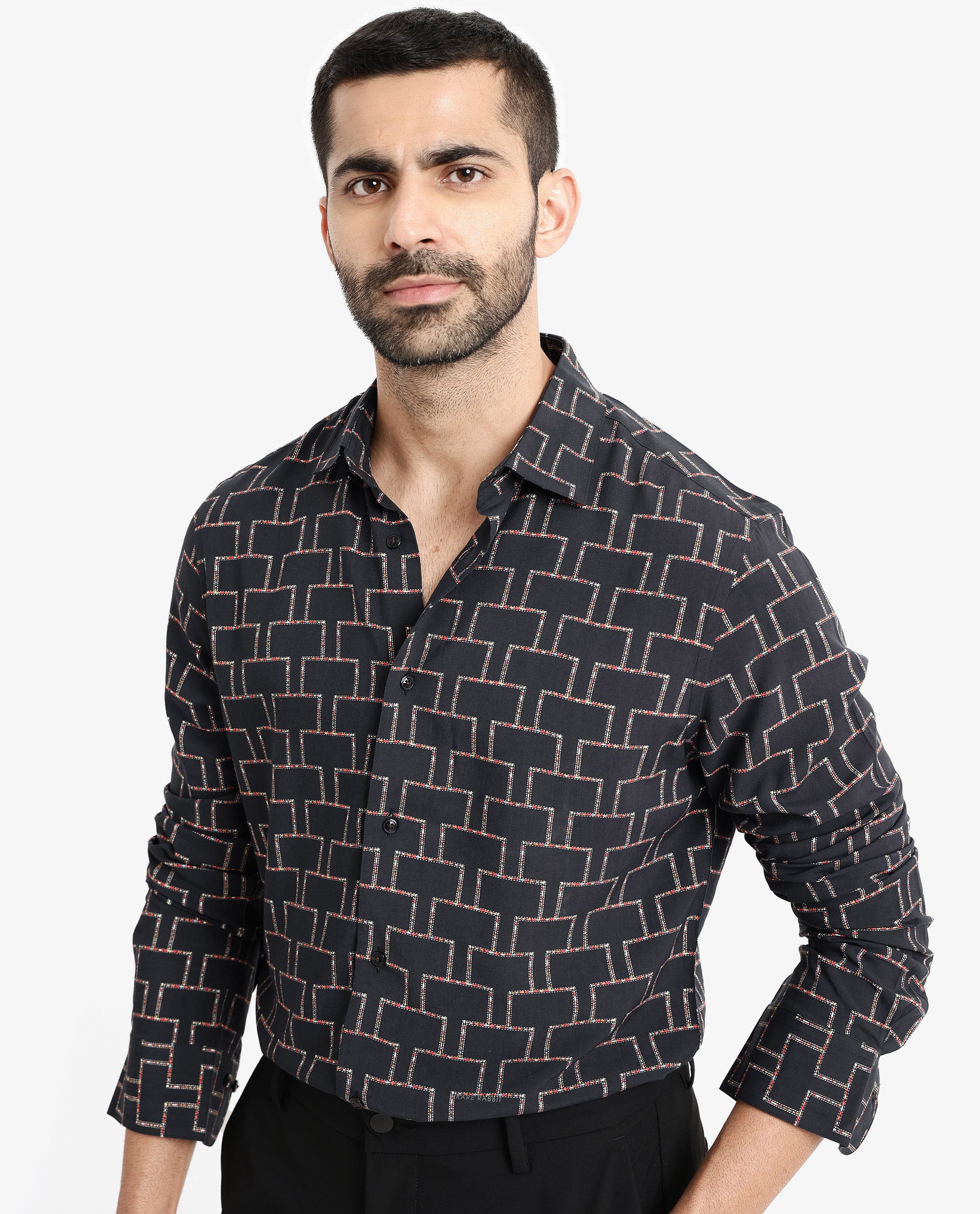 Rare Rabbit Men Wels Black Viscose Fabric Full Sleeve Regular Fit Geometric Print Shirt