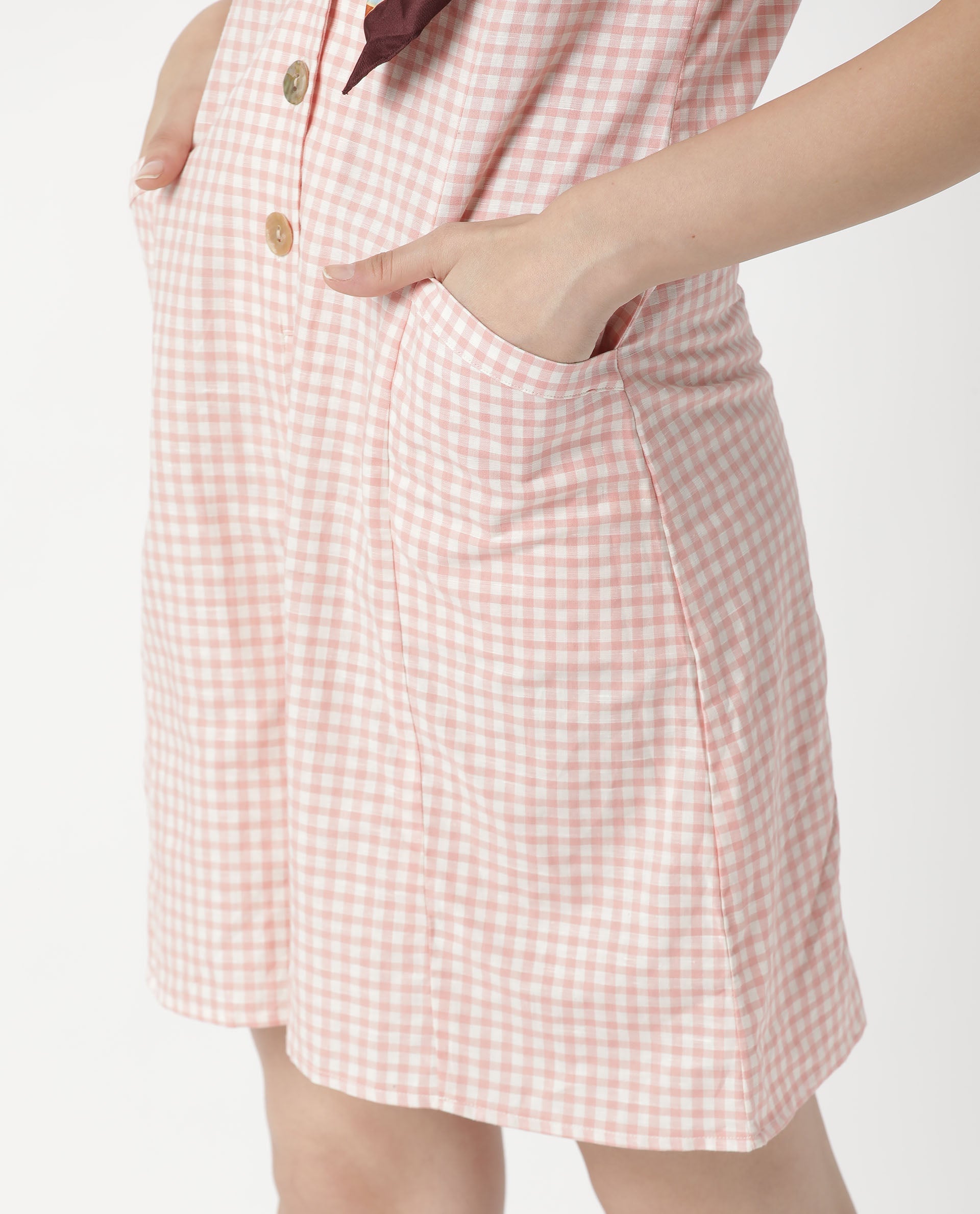 Rareism Women Welt Light Peach Cotton Linen Fabric Regular Fit Lapel Neck Checked Playsuit