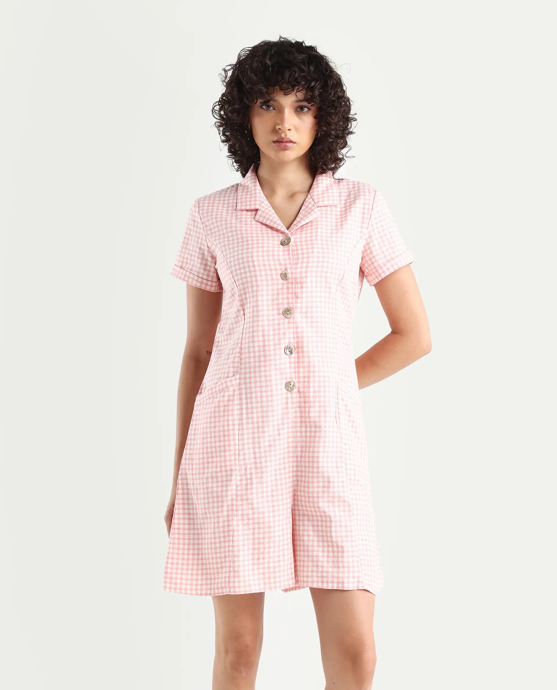 Rareism Women's Welt Peach Cotton Blend Lapel Neck Checked Regular Fit Playsuit