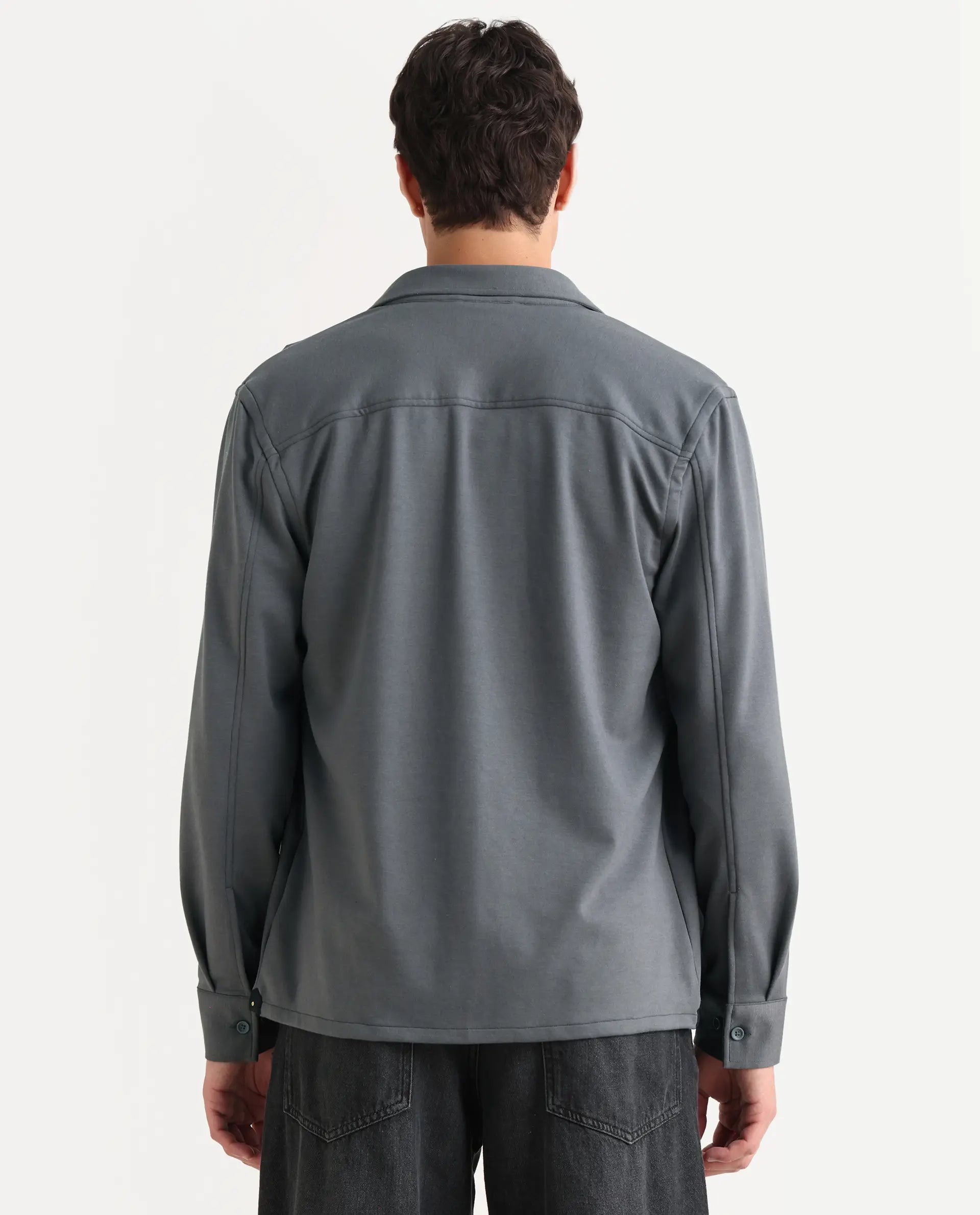 Rare Rabbit Men's Wesk Dark Grey Polyester Blend Spread Collar Regular Fit Plain Shirt