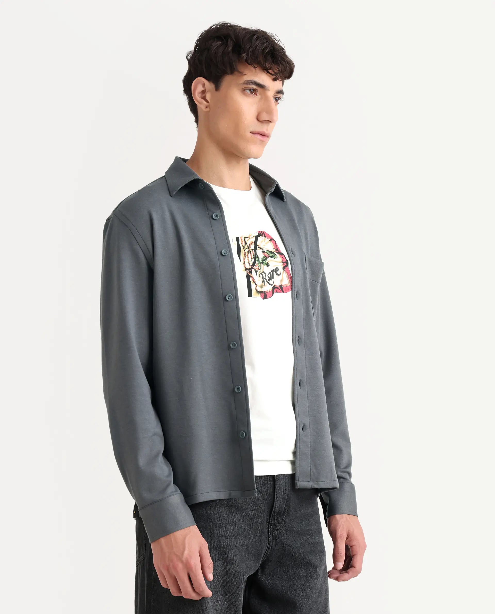 Rare Rabbit Men's Wesk Dark Grey Polyester Blend Spread Collar Regular Fit Plain Shirt