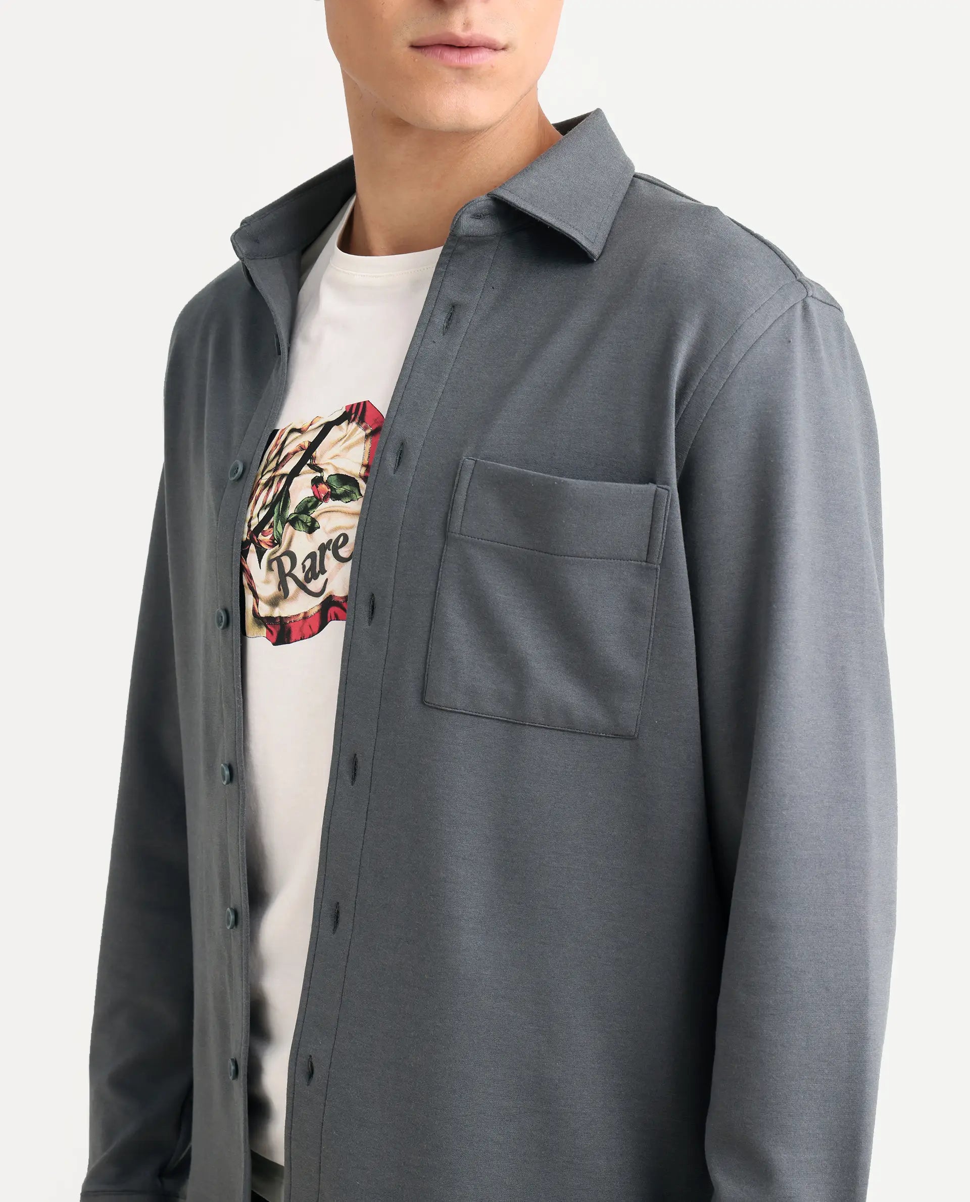 Rare Rabbit Men's Wesk Dark Grey Polyester Blend Spread Collar Regular Fit Plain Shirt