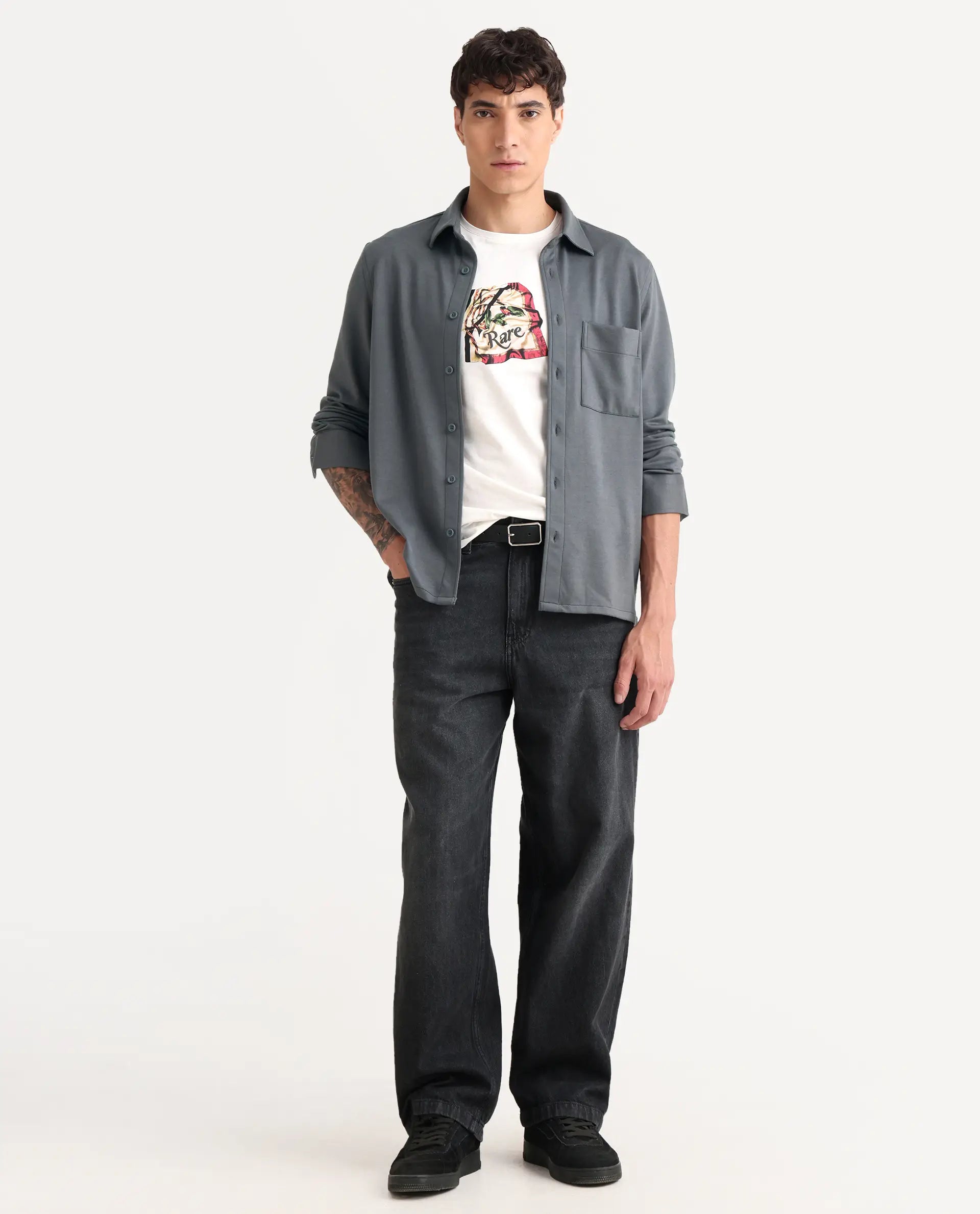 Rare Rabbit Men's Wesk Dark Grey Polyester Blend Spread Collar Regular Fit Plain Shirt