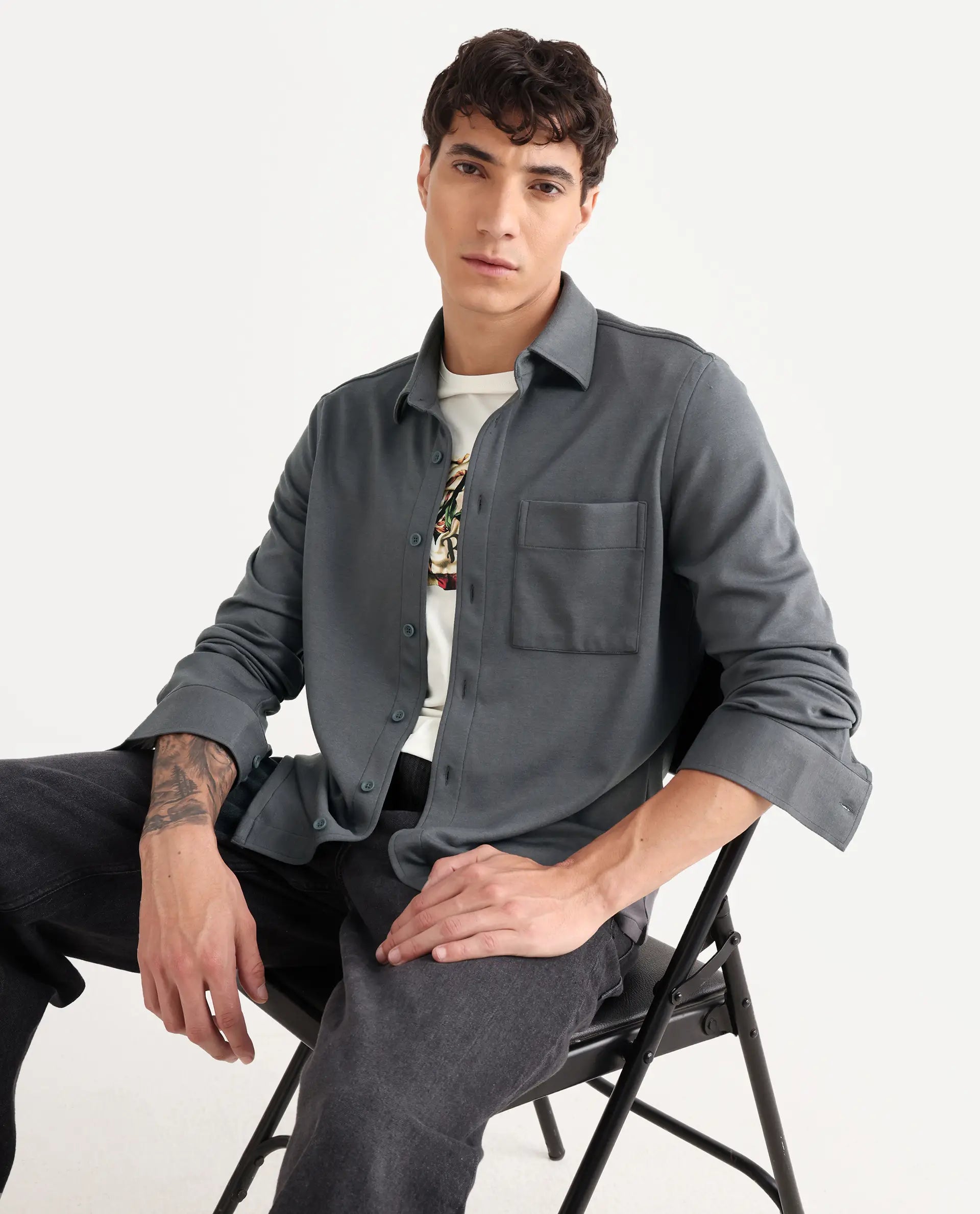 Rare Rabbit Men's Wesk Dark Grey Polyester Blend Spread Collar Regular Fit Plain Shirt