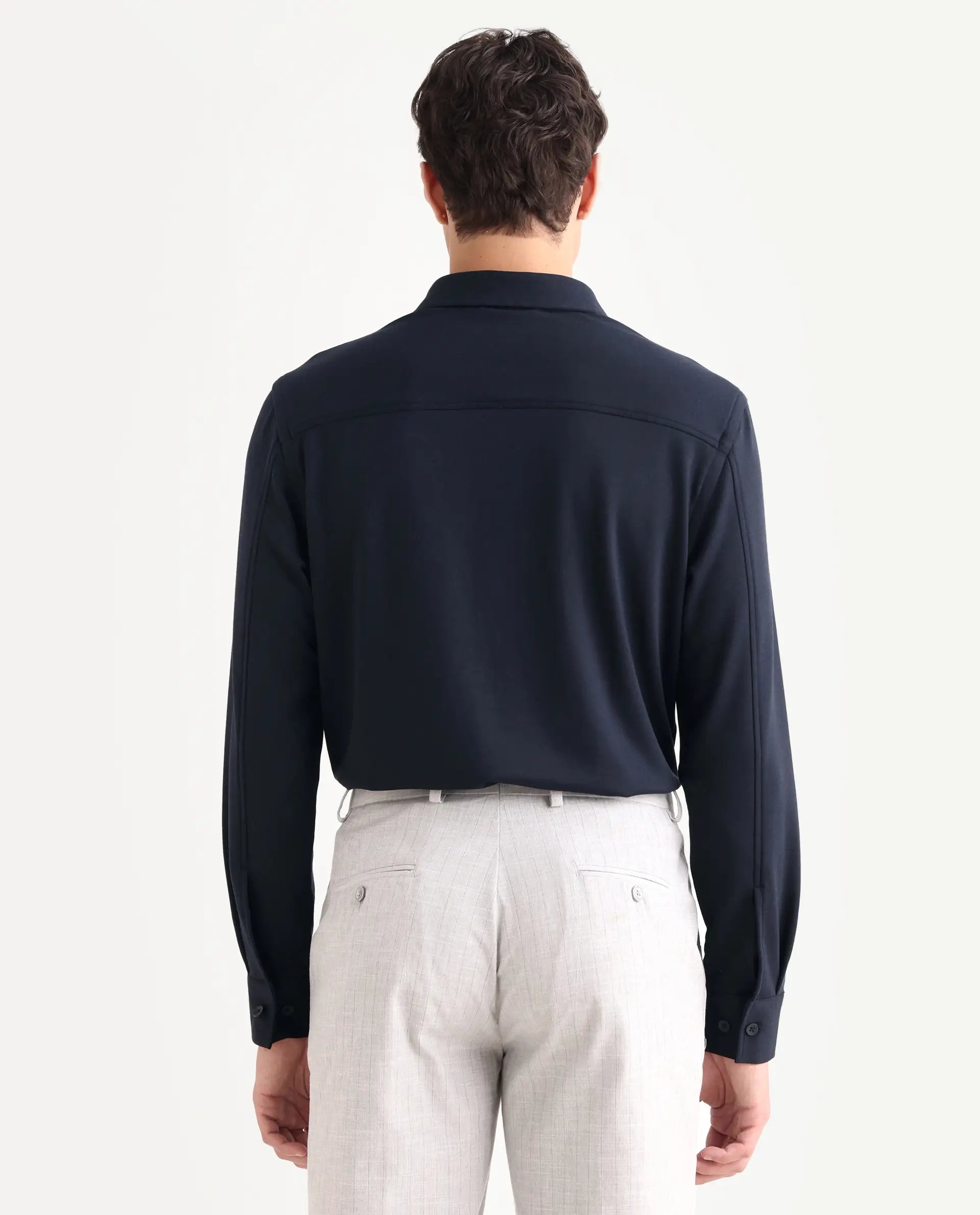 Rare Rabbit Men's Wesk Dark Navy Polyester Blend Spread Collar Regular Fit Plain Shirt