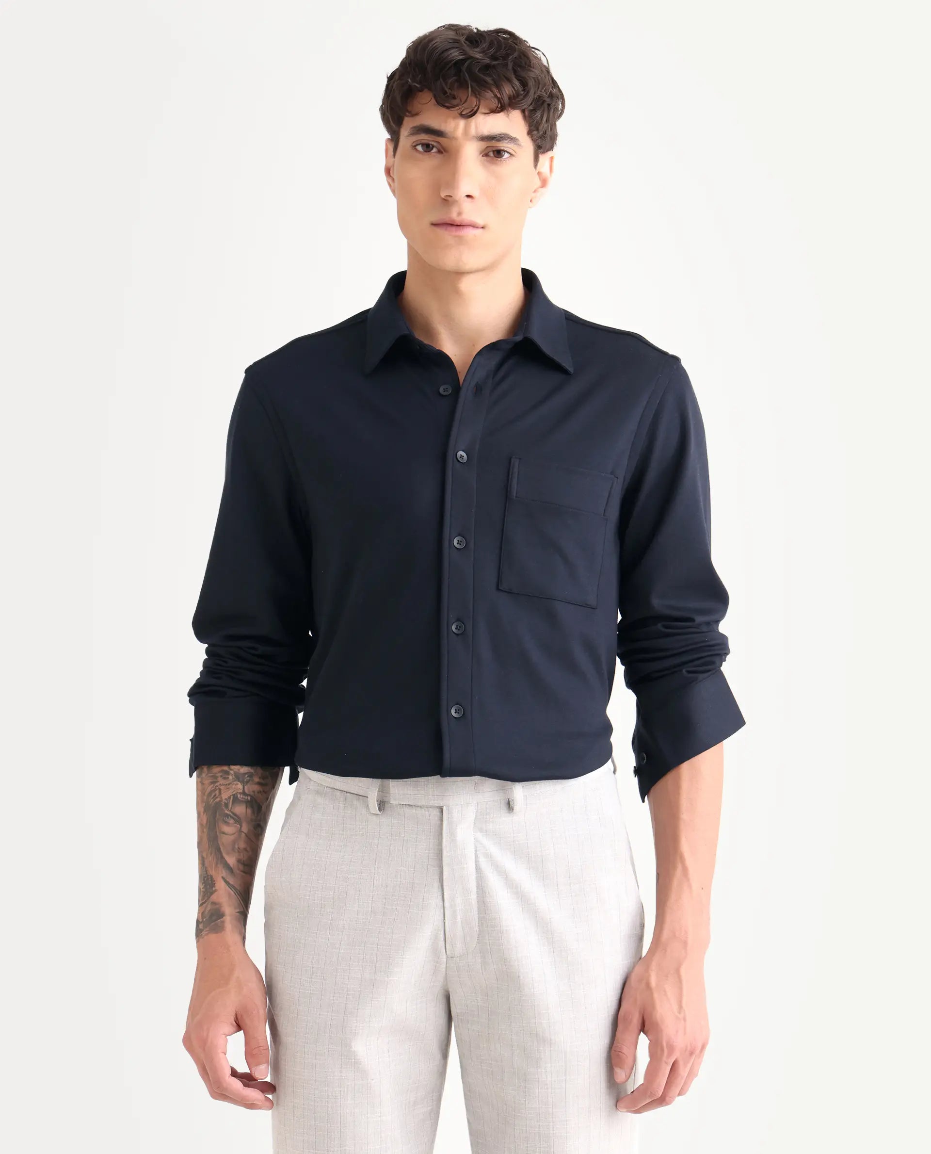 Rare Rabbit Men's Wesk Dark Navy Polyester Blend Spread Collar Regular Fit Plain Shirt