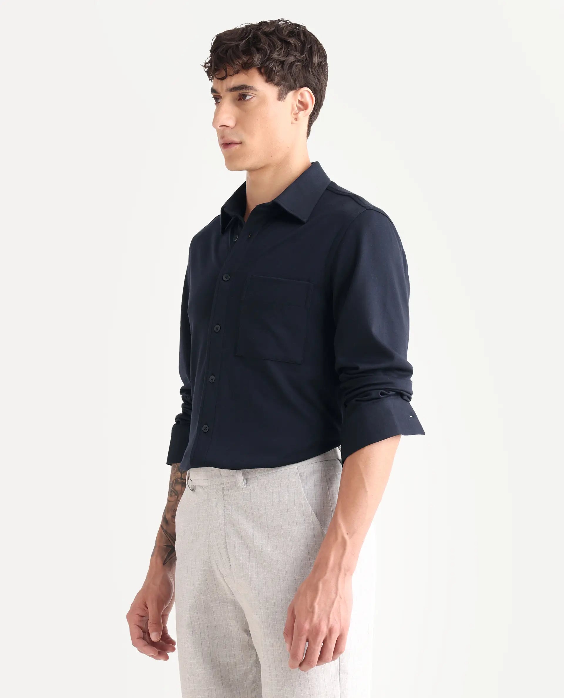 Rare Rabbit Men's Wesk Dark Navy Polyester Blend Spread Collar Regular Fit Plain Shirt